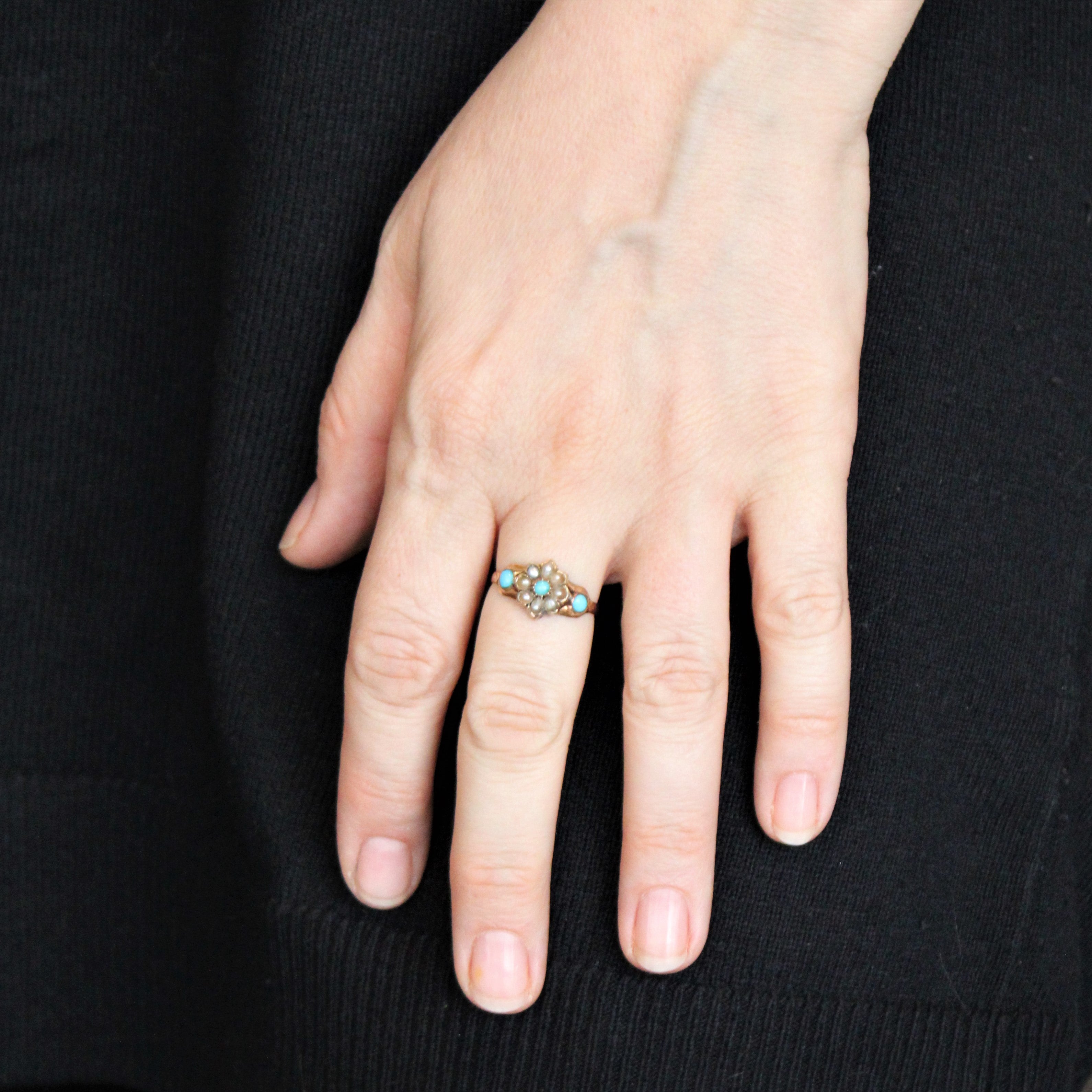 Victorian Turquoise & Pearl Ring | 0.25ctw | SZ 7.5 |