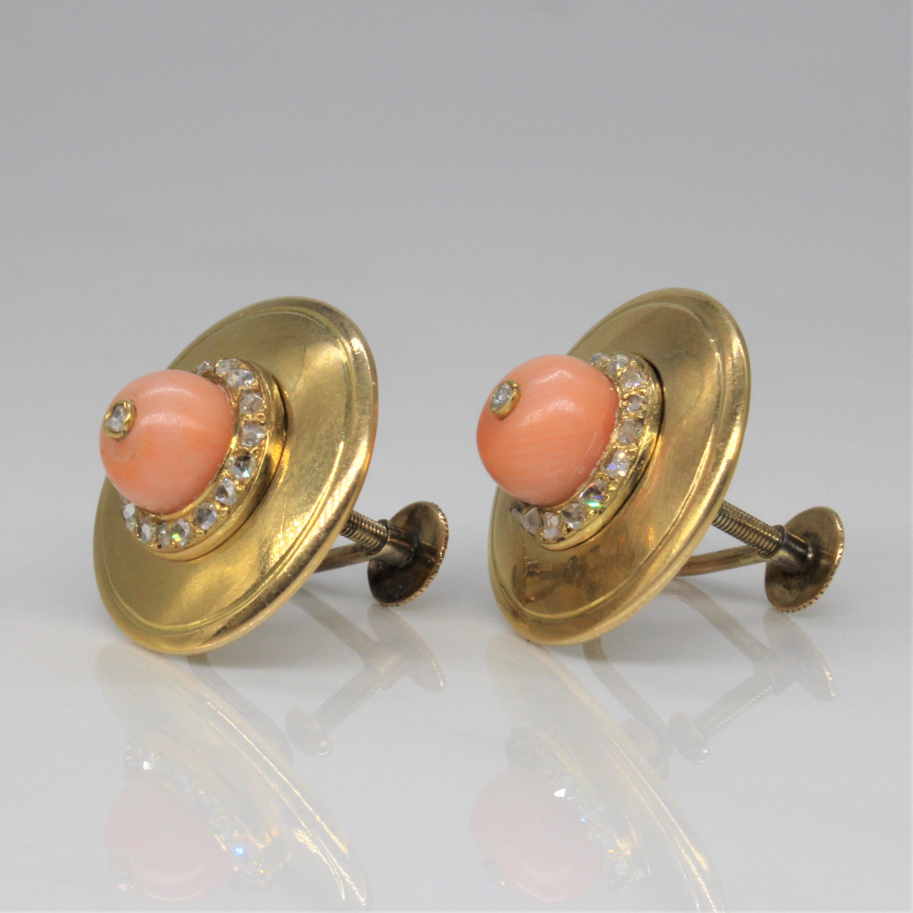 1920s Coral & Diamond Button Earrings | 2.00ctw, 0.24ctw |