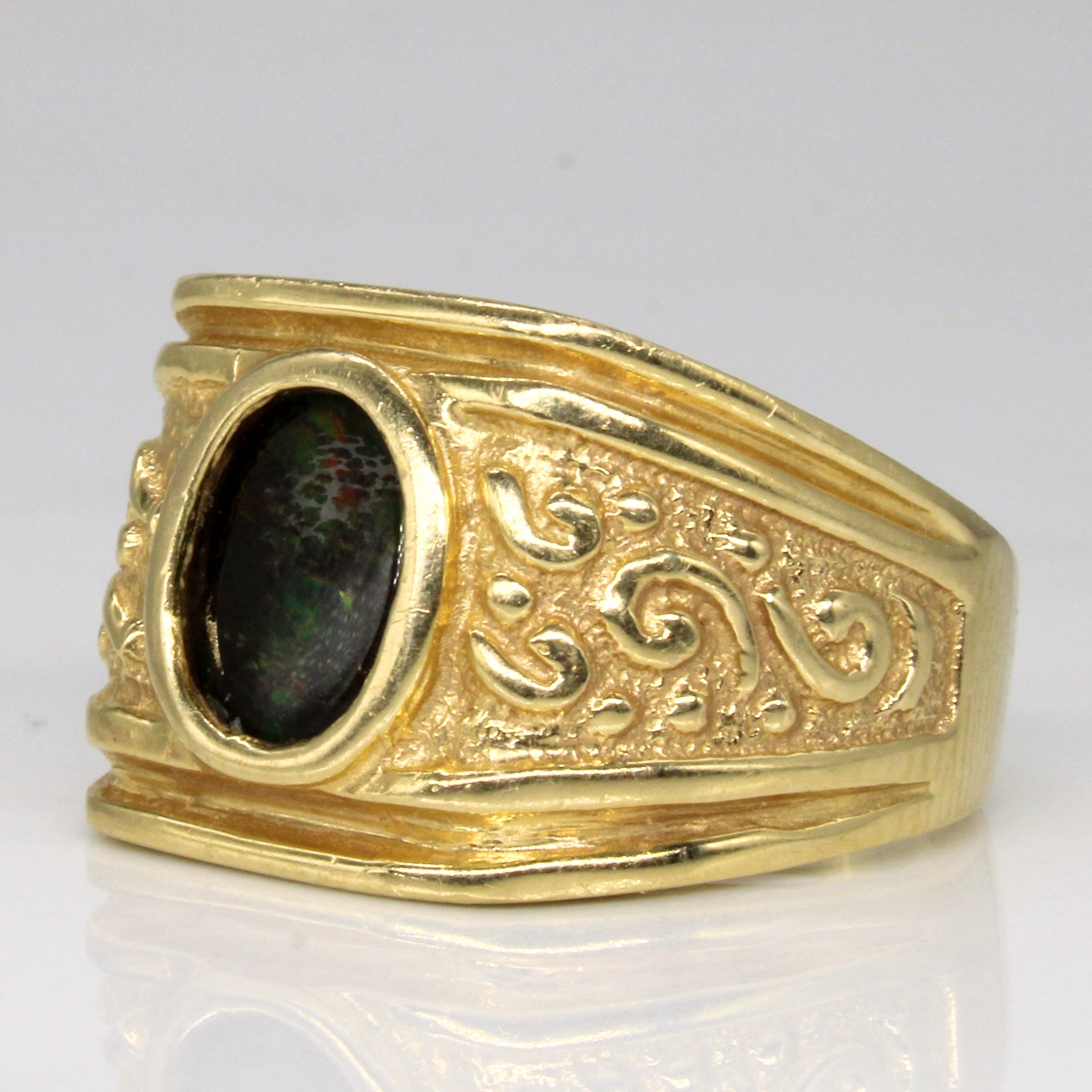 Bezel Set Ammolite Ring with Carved Detailing | 0.75ct | SZ 8.25 |