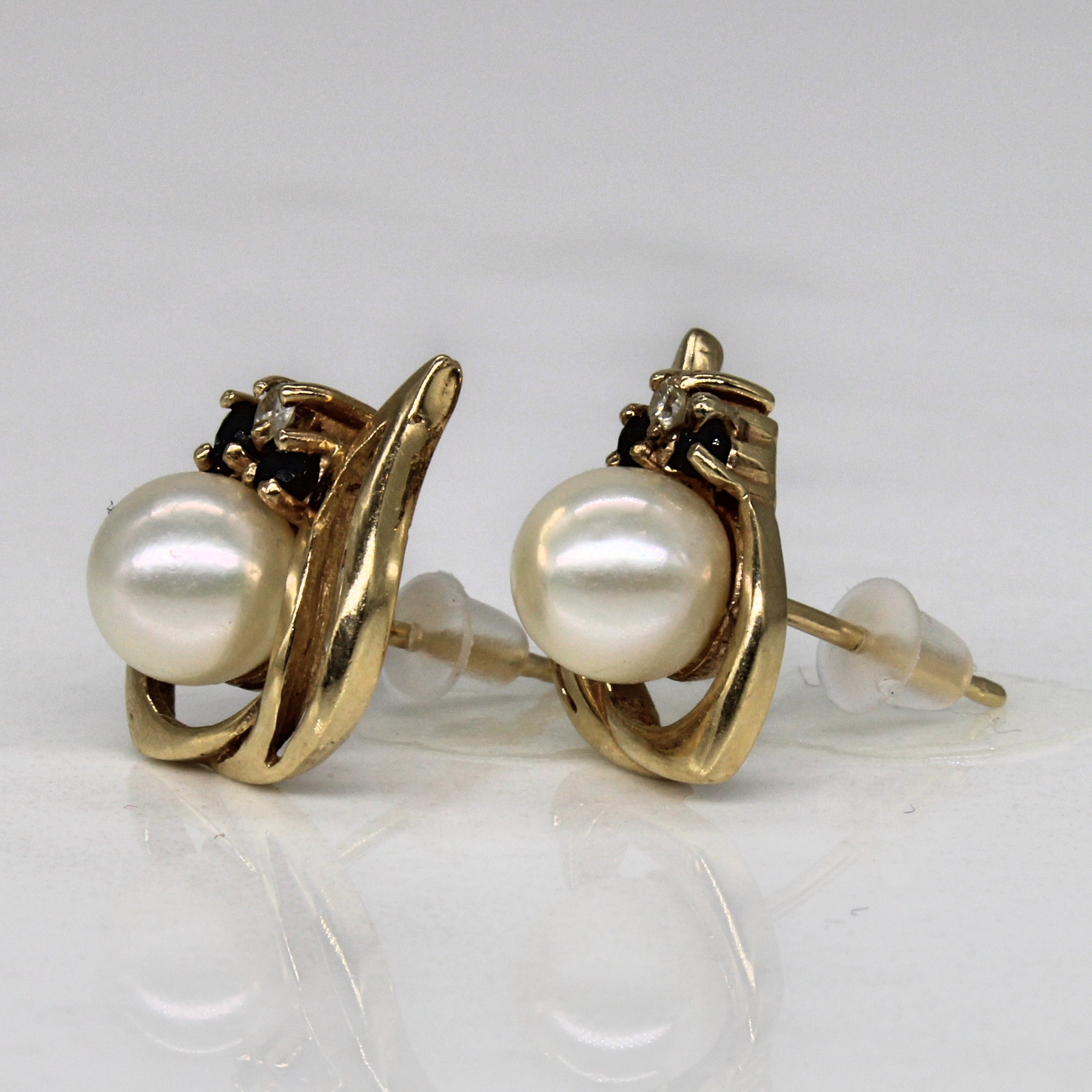 Pearl & Sapphire Stud Earrings | 0.08ctw, 0.03ctw |