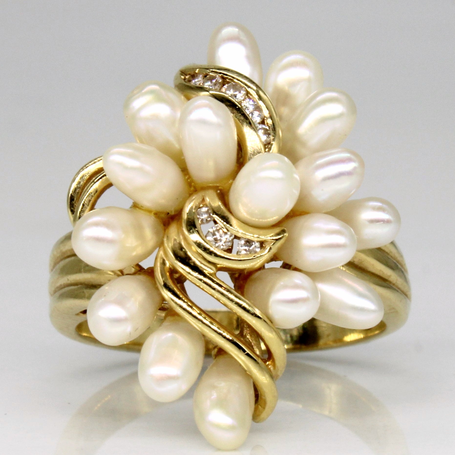 Cascading Pearl & Diamond Cocktail Ring | 0.06ctw | SZ 6.25 |