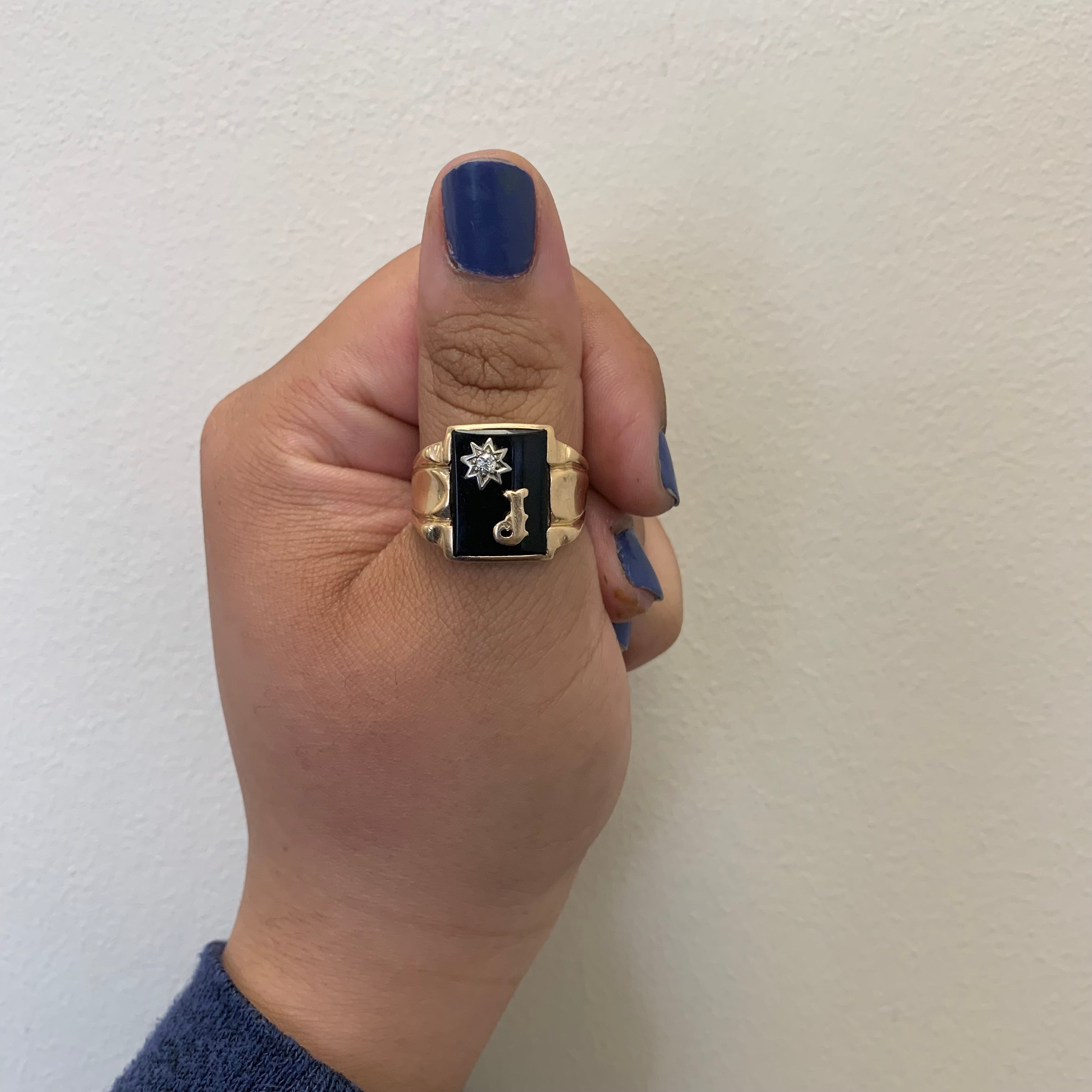 Black Onyx & Diamond Initial 'J' Ring | 7.00ct, 0.05ct | SZ 11.75 |