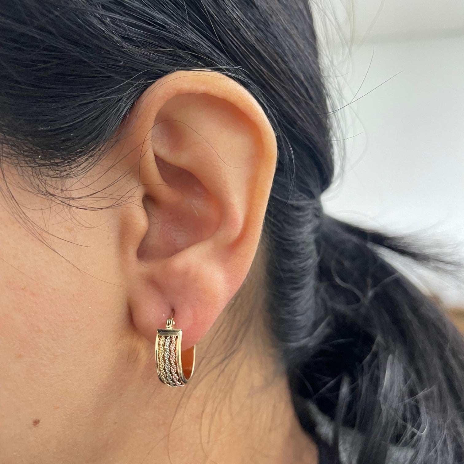 Braided Tri Tone Gold Huggie Earrings |