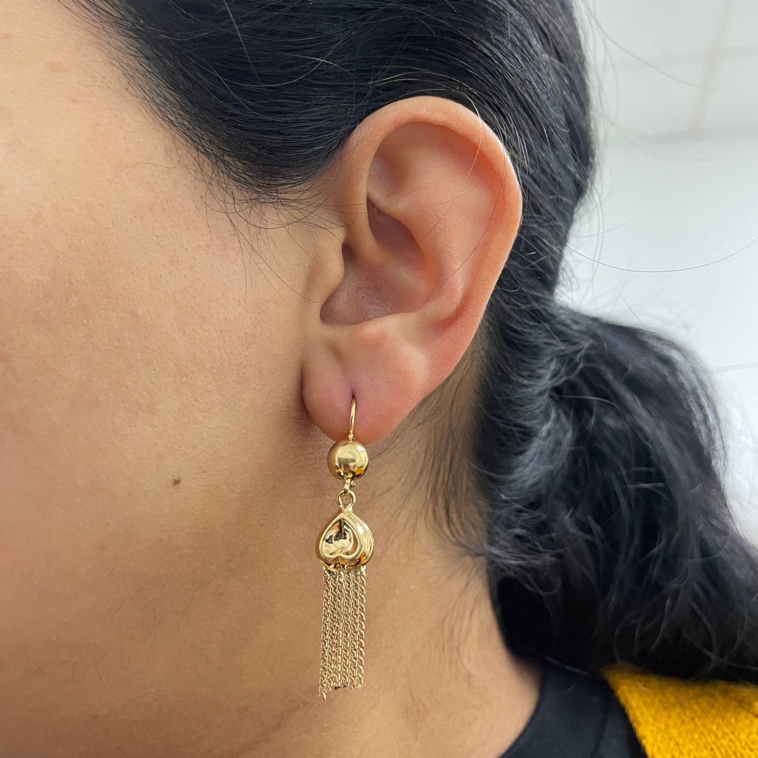 Yellow Gold Heart Tassel Earrings |