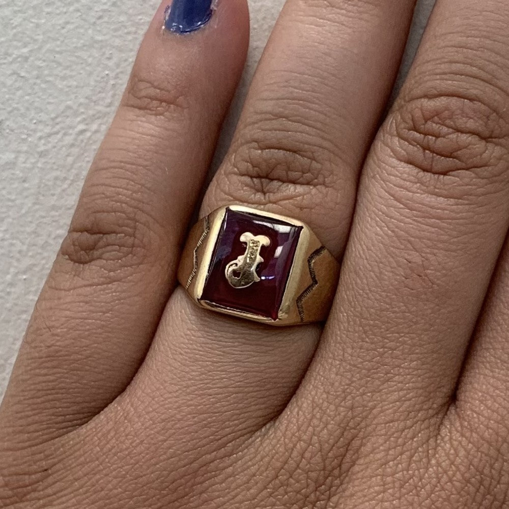 Synthetic Ruby Initial 'J' Signet Ring | 6.00ct | SZ 8.5 |