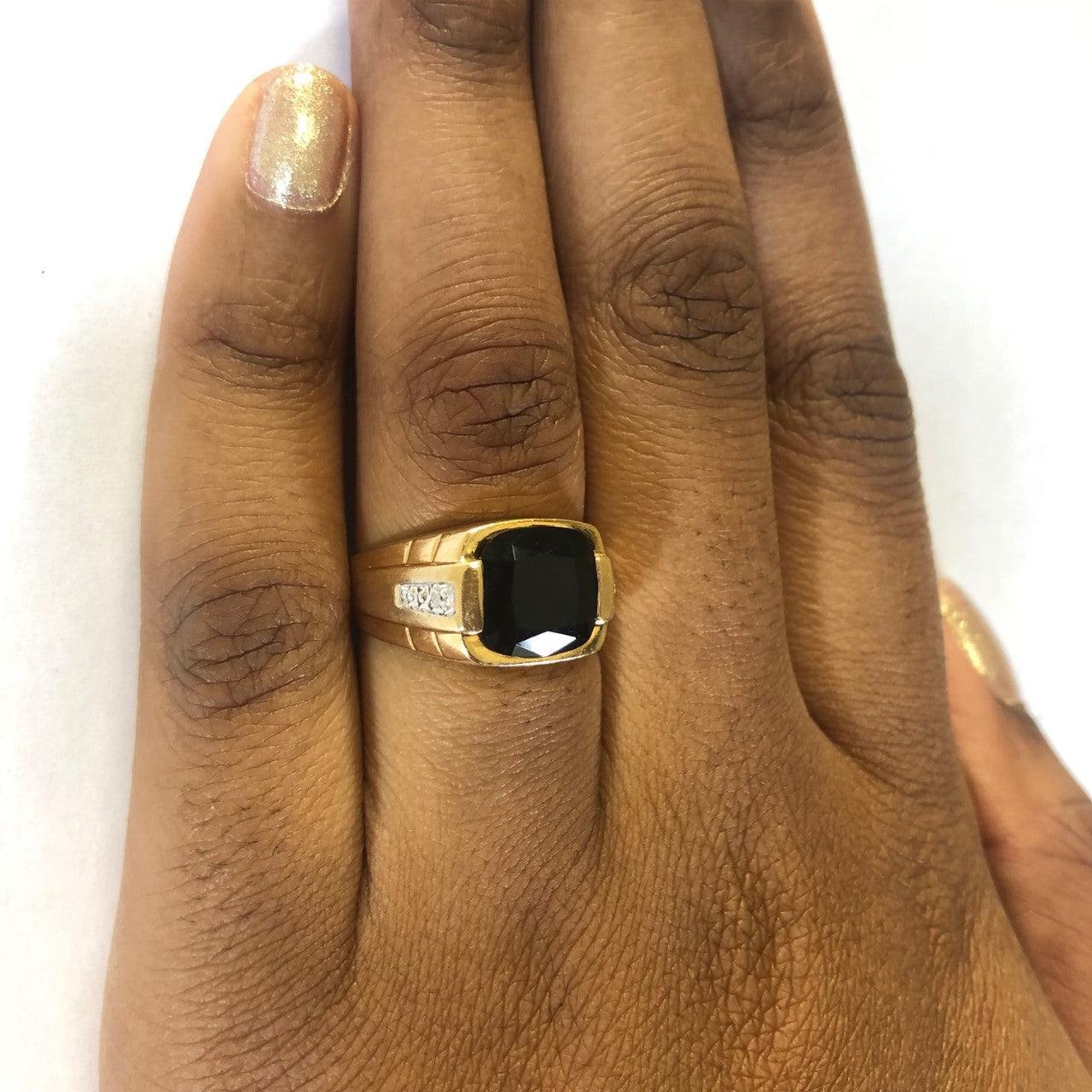 Faceted Cushion Cut Onyx & Diamond Ring | 0.02ctw, 4.00ctw | SZ 9 |
