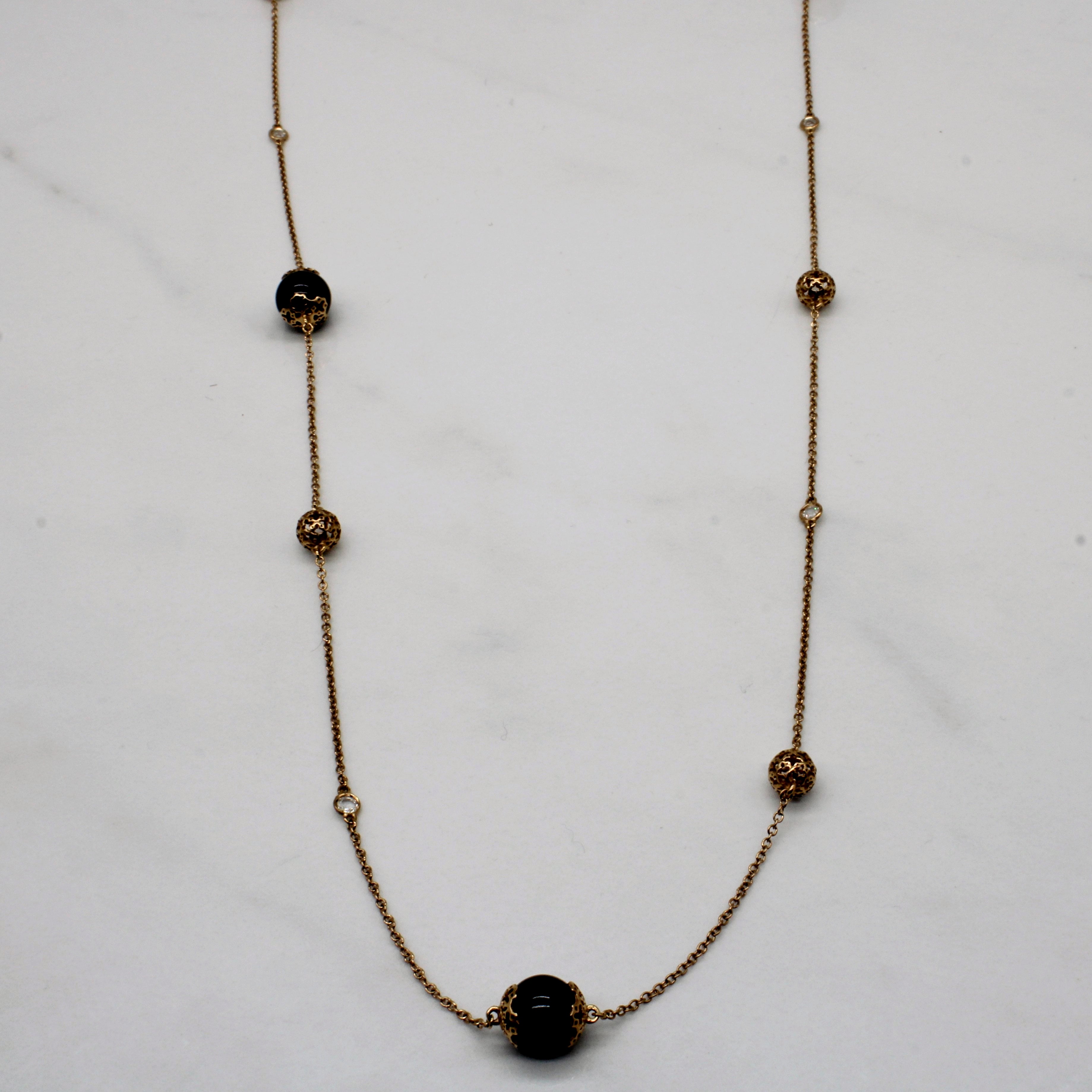 'Birks' Onyx & White Sapphire Bead Necklace | 28.00ctw, 0.35ctw | 44" |
