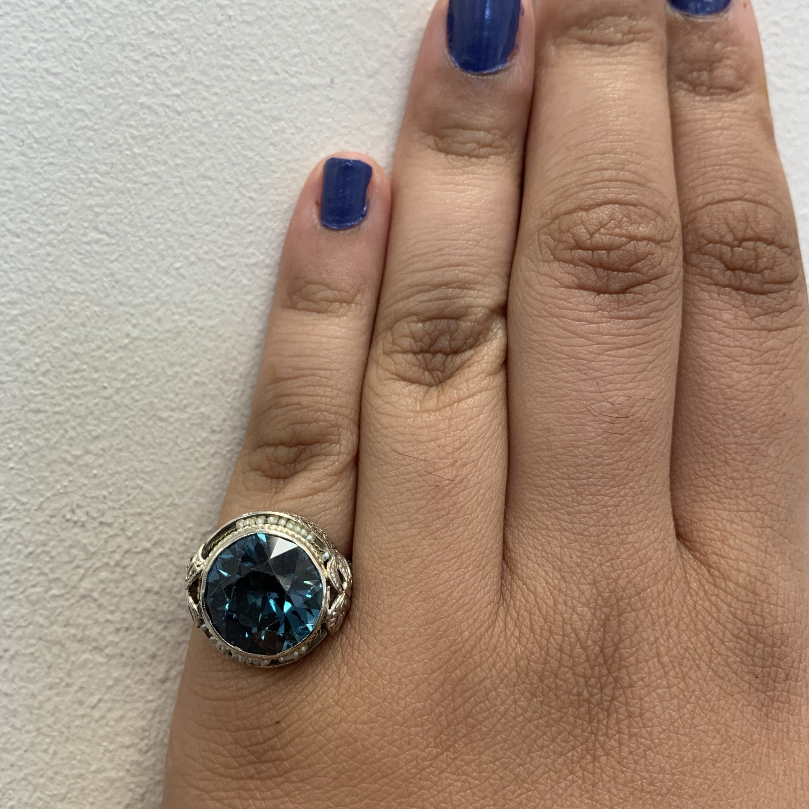 Bague Art Déco bleu sarcelle en pâte de perles et perles fines | 8,30 ct, 0,40 ct au total | Taille 6,5 |