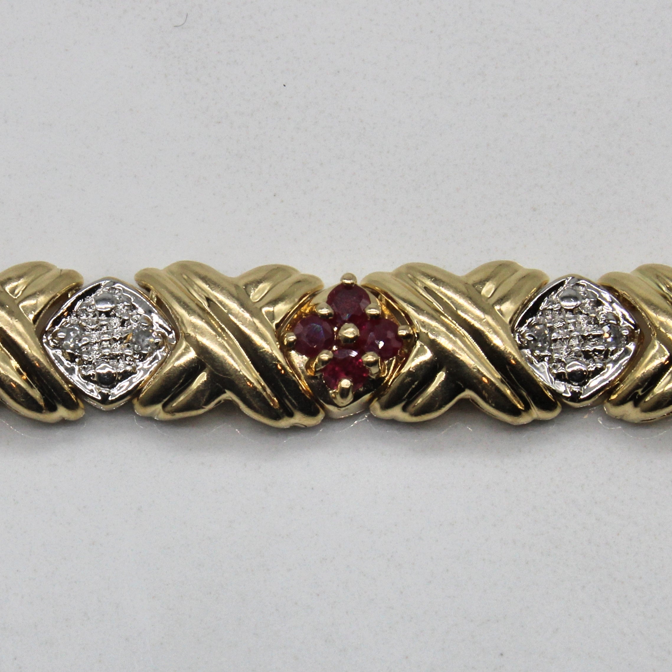 Ruby & Diamond Cluster X Grooved Gemstone Bracelet | 1.00ctw, 0.09ctw | 7" |