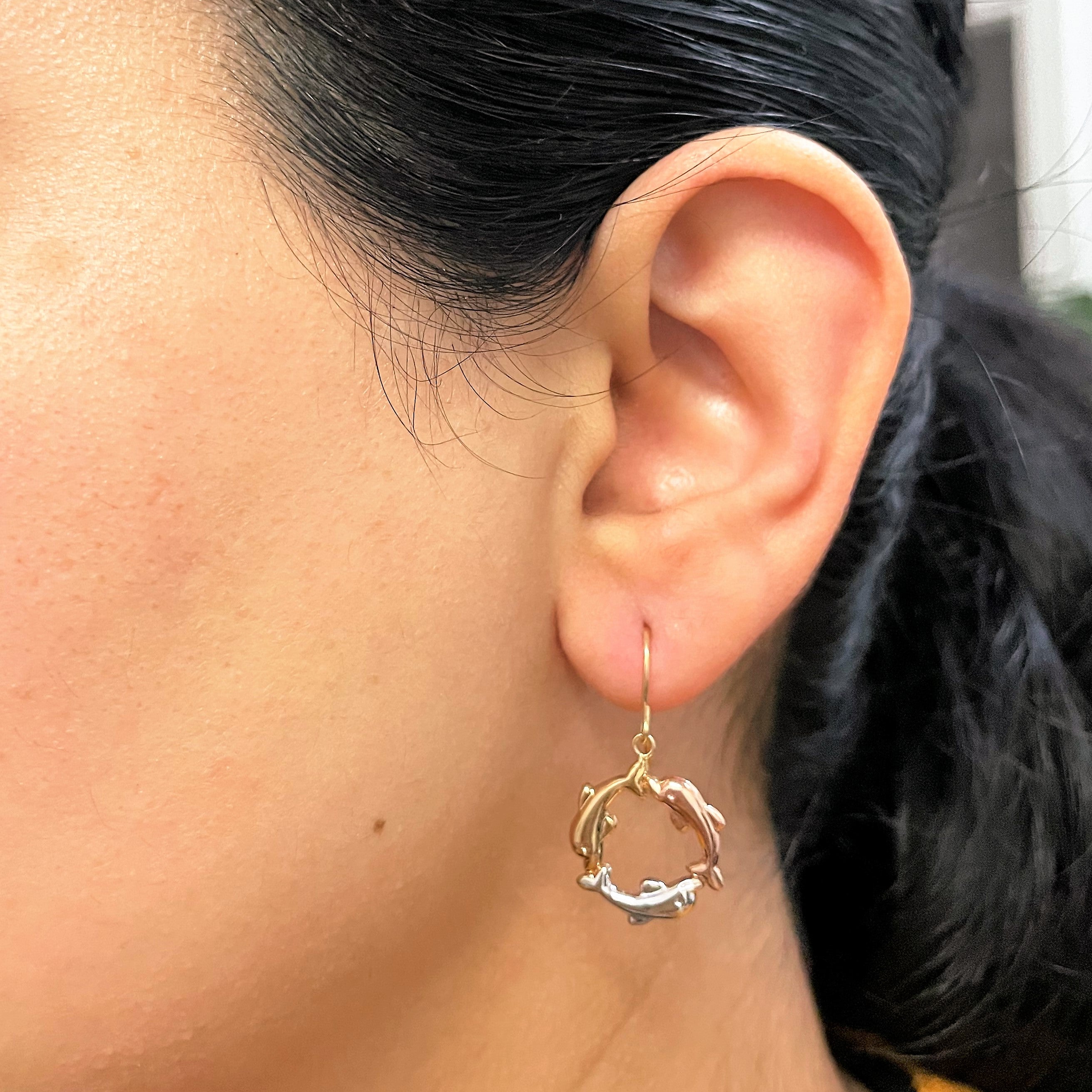 Tri Tone Dolphin Circle Earrings |
