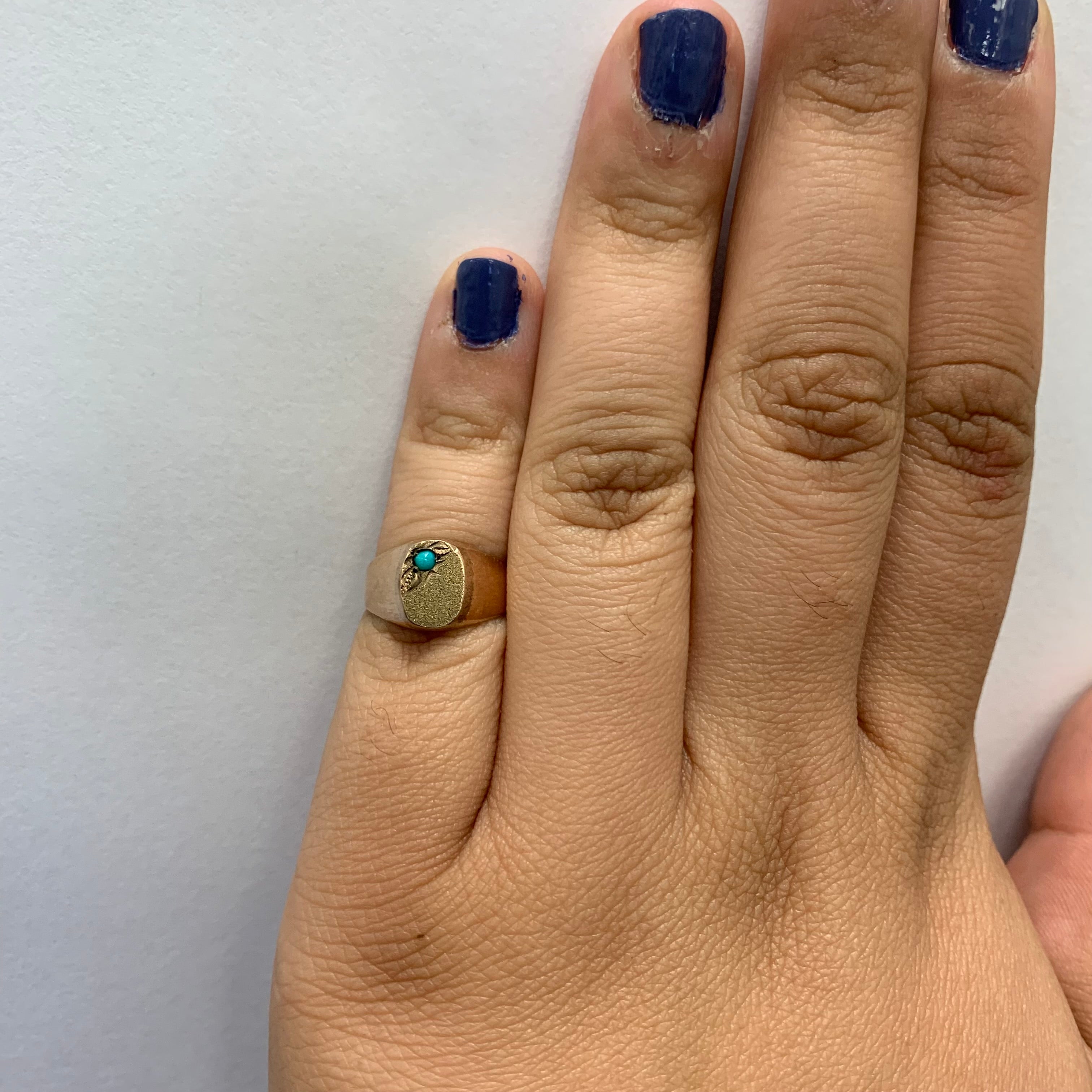Mid Century Sparkle Finish Turquoise Signet Ring | 0.03ct | SZ 3.75 |