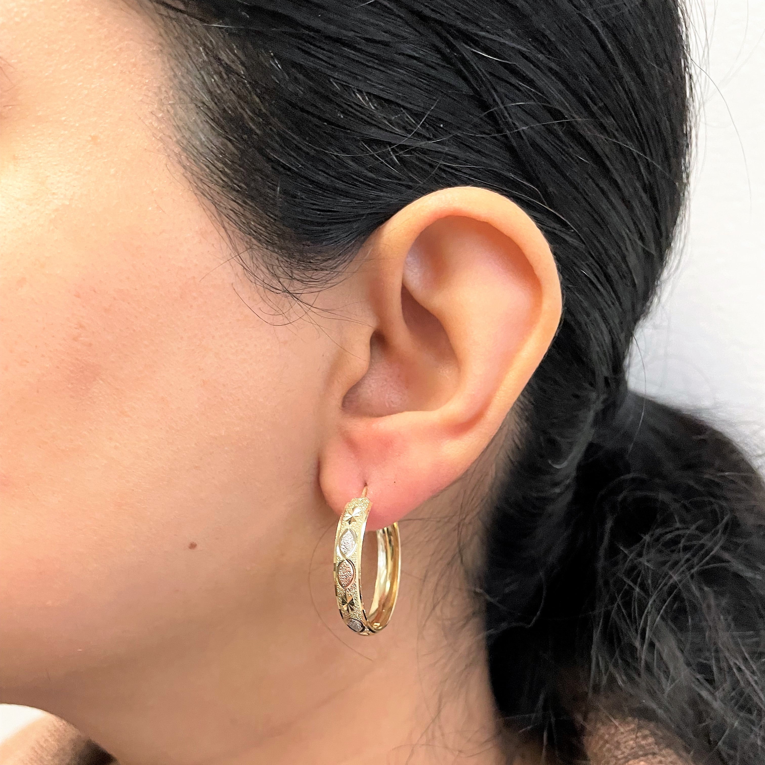 Tri Tone Gold Textured Hoop Earrings |