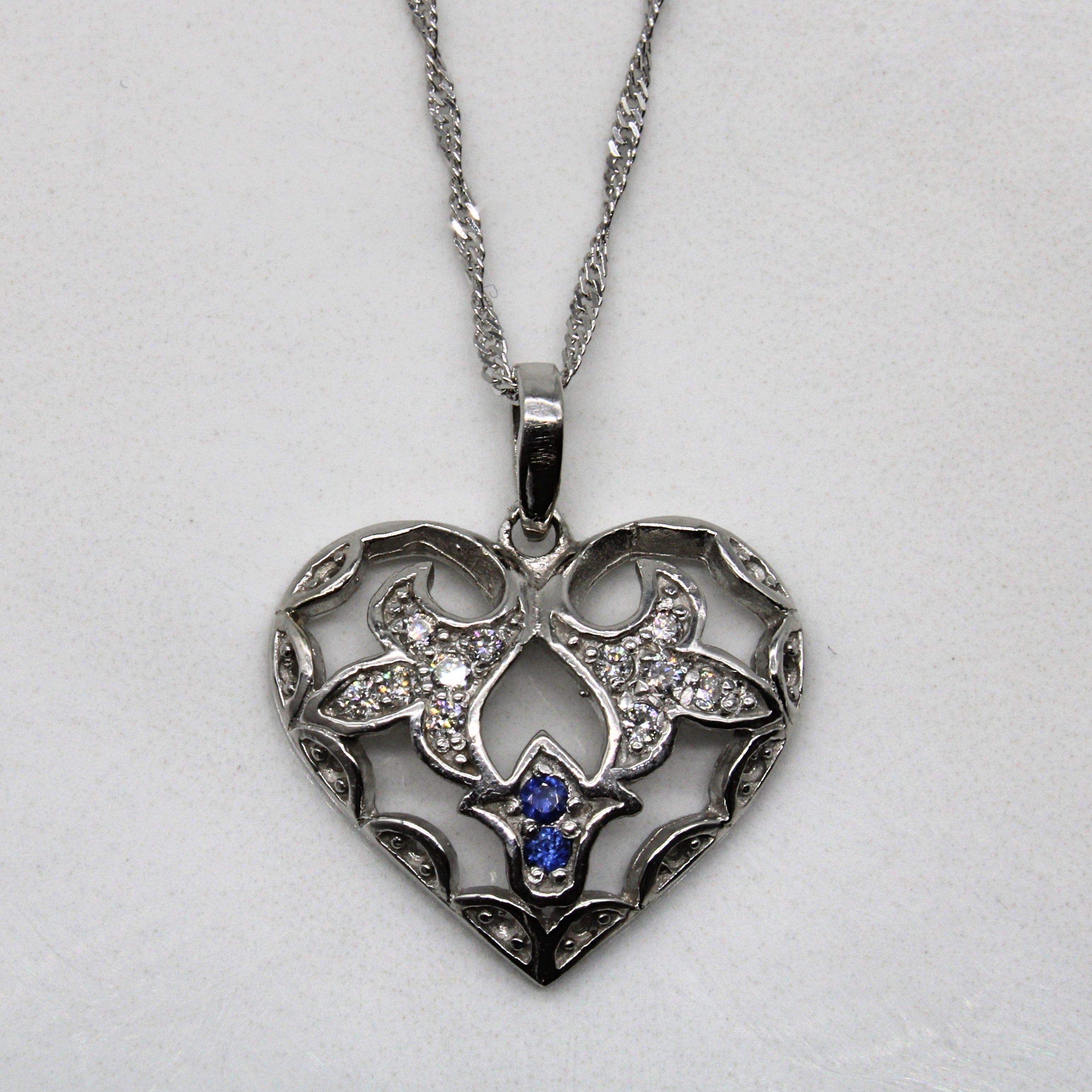 Diamond & Sapphire Heart Pendant Necklace | 0.11ctw, 0.05ctw | 18" |
