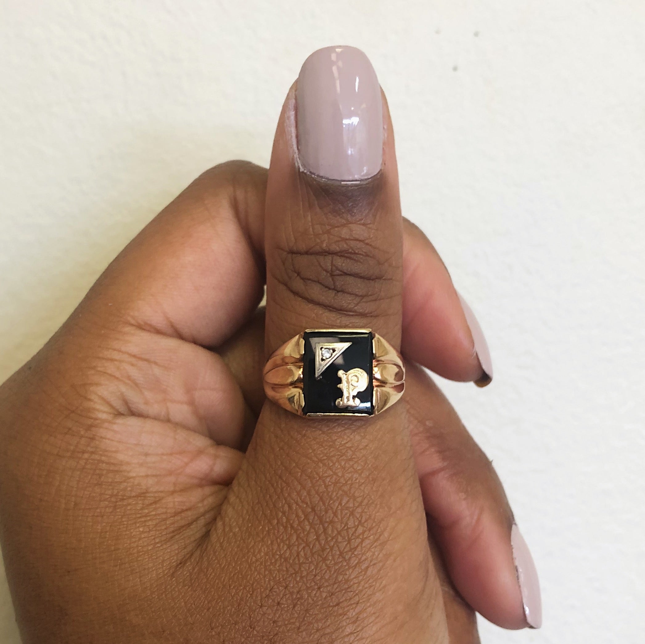 Initial 'P' Onyx & Diamond Signet Ring | 3.50ct, 0.01ct | SZ 10.5 |