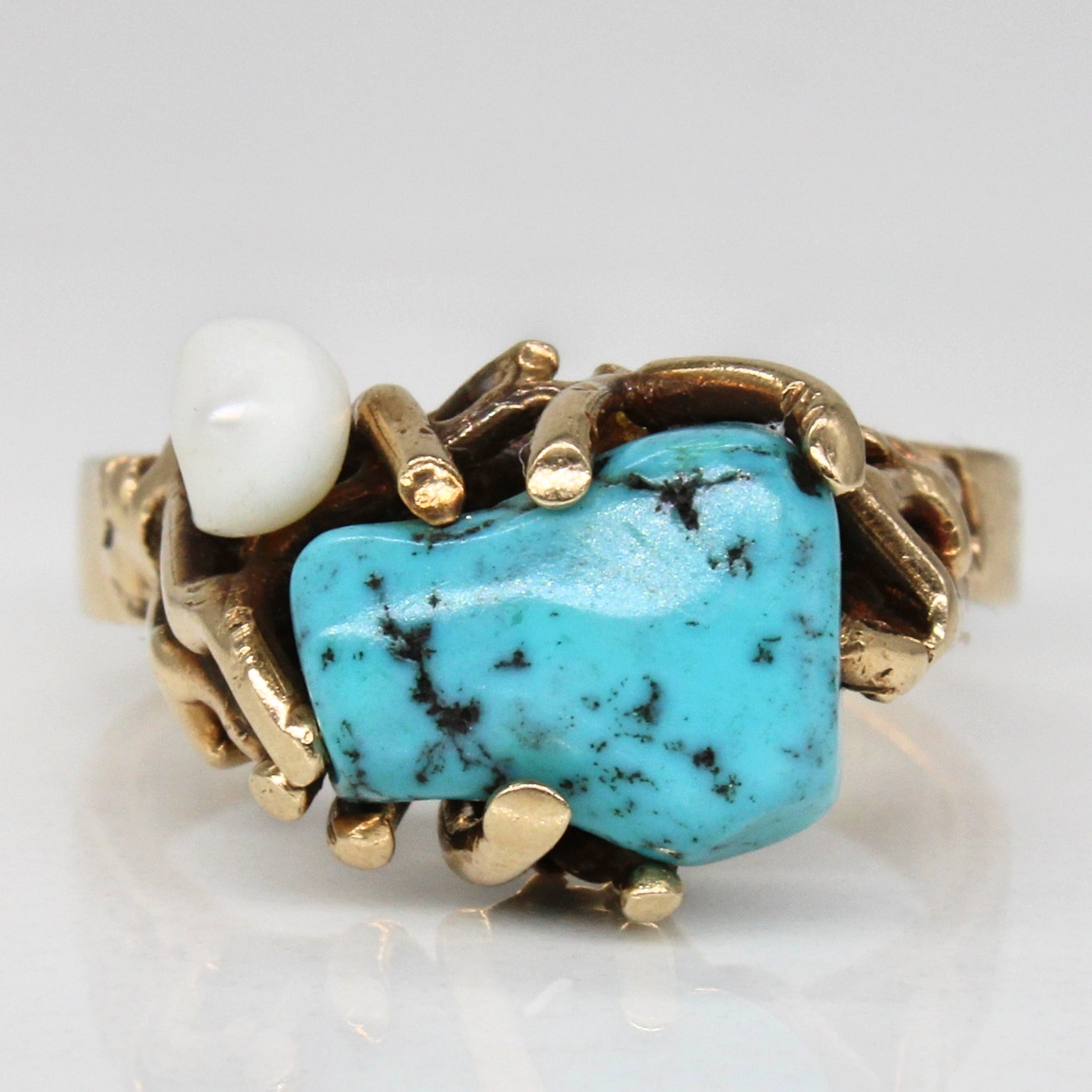 Turquoise & Rice Pearl Cocktail Ring | 2.20ct | SZ 6.5 |