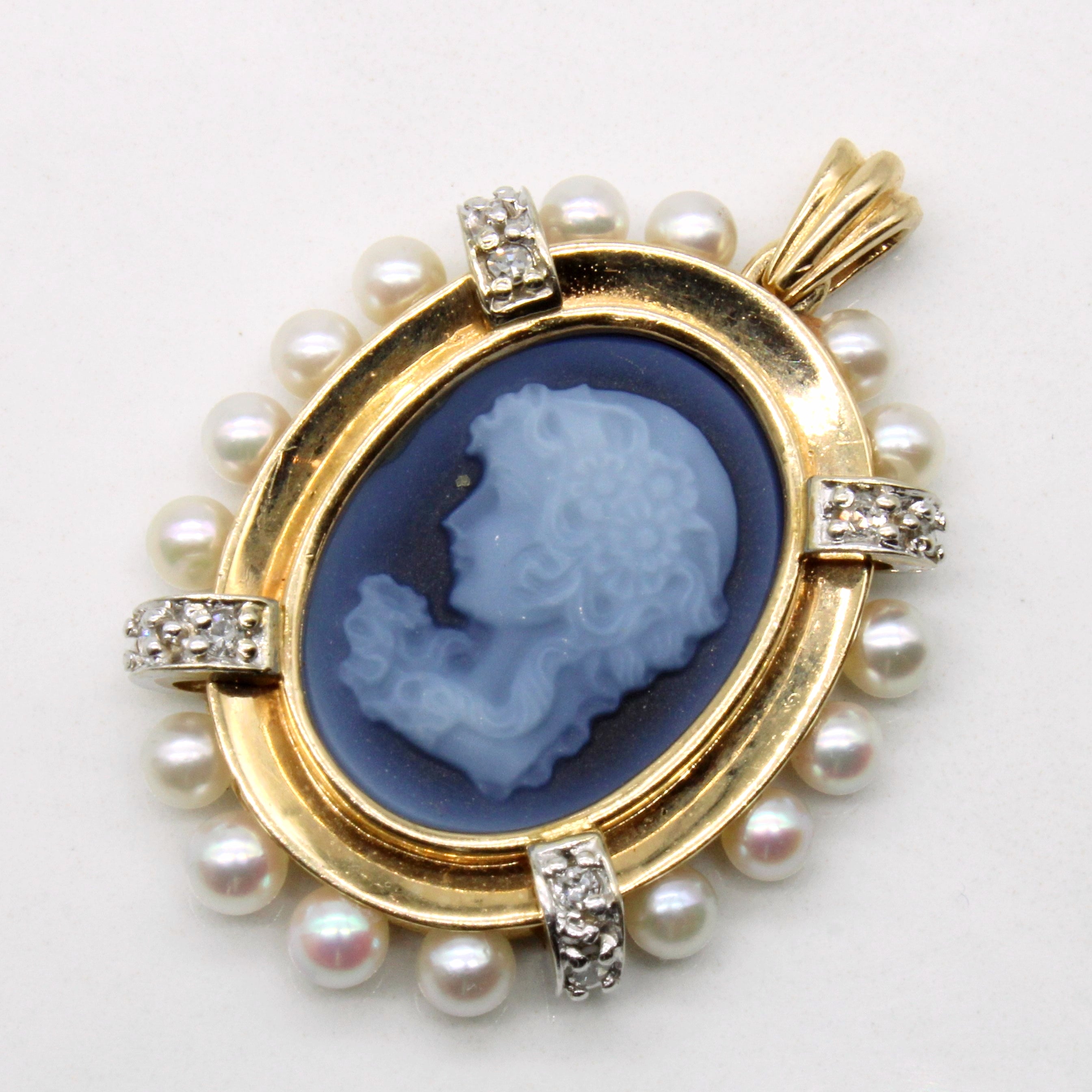 Blue Agate Cameo Pendant with Pearl & Diamond Accents | 4.05ct, 0.08ctw |
