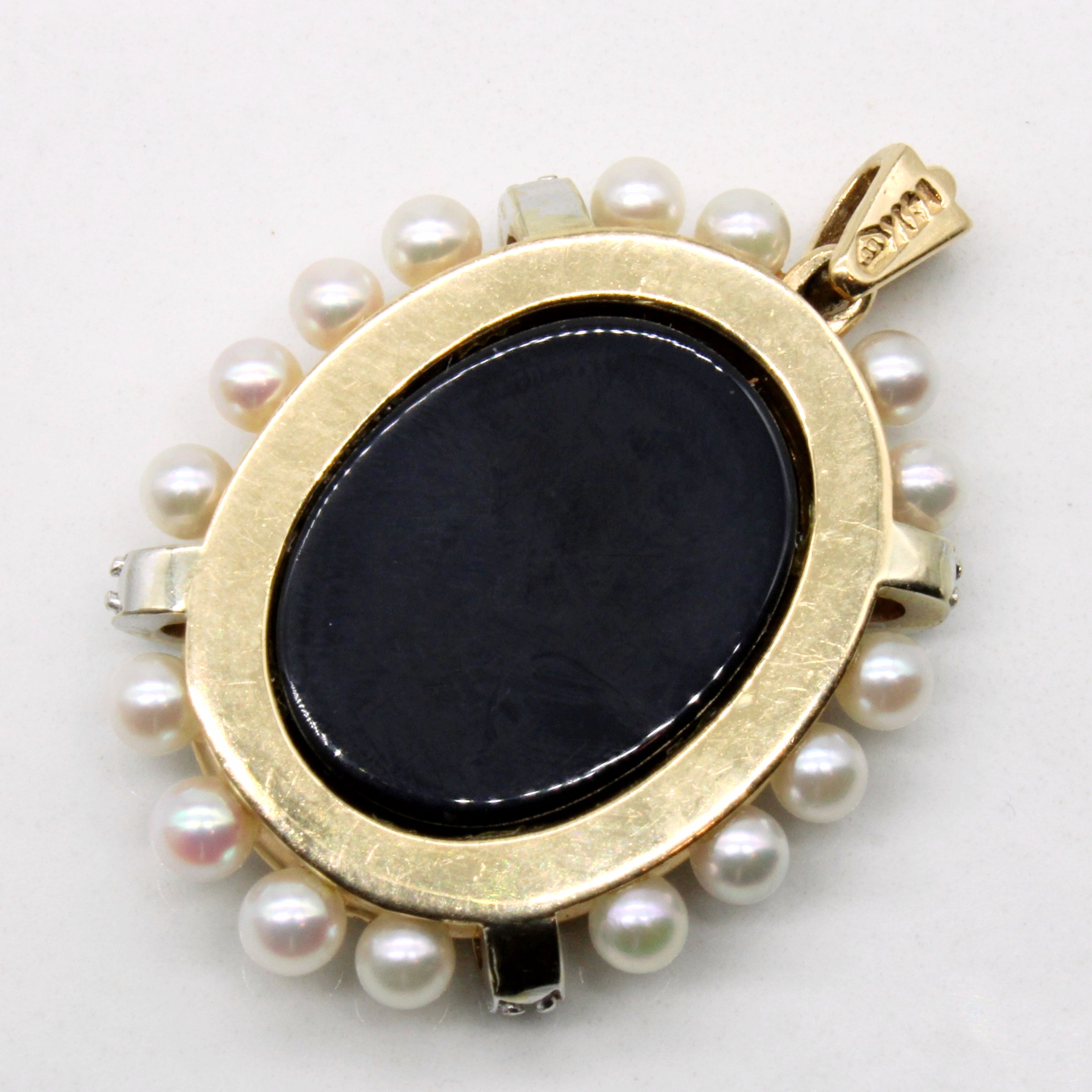Blue Agate Cameo Pendant with Pearl & Diamond Accents | 4.05ct, 0.08ctw |