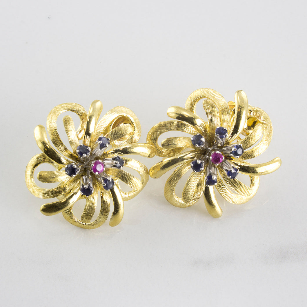 Pink and Blue Sapphire Floral Twist-On Earrings | 0.75 ctw |