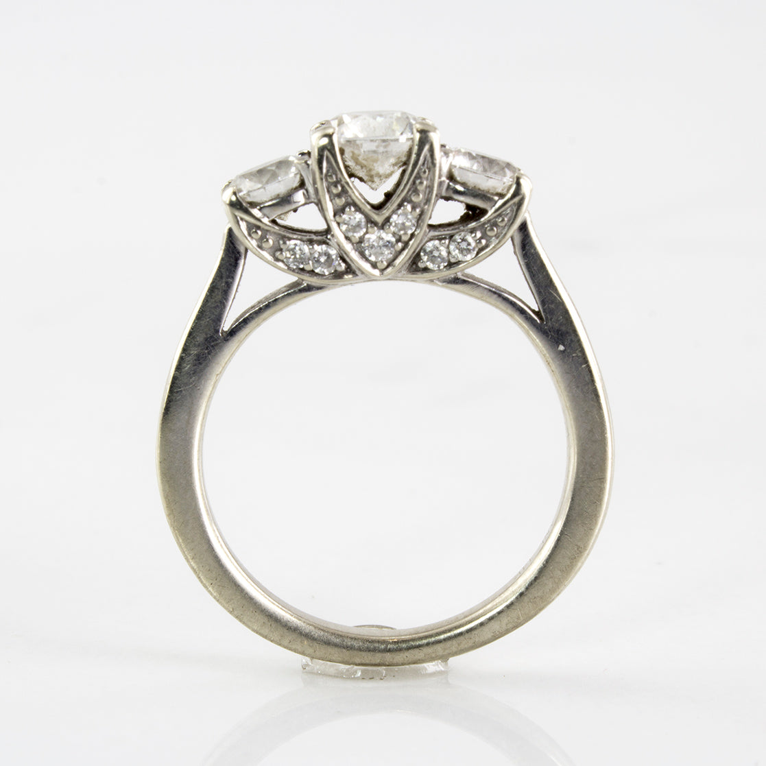 Diamond Detailed Three Stone Engagement Ring | 0.87 ctw | SZ 3.75 |
