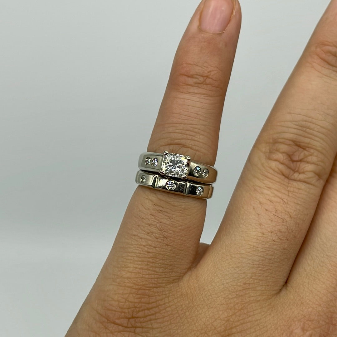 GIA Princess Cut Engagement Ring & Flush Set Wedding Band Set | 0.97ctw VS2 F | SZ 5