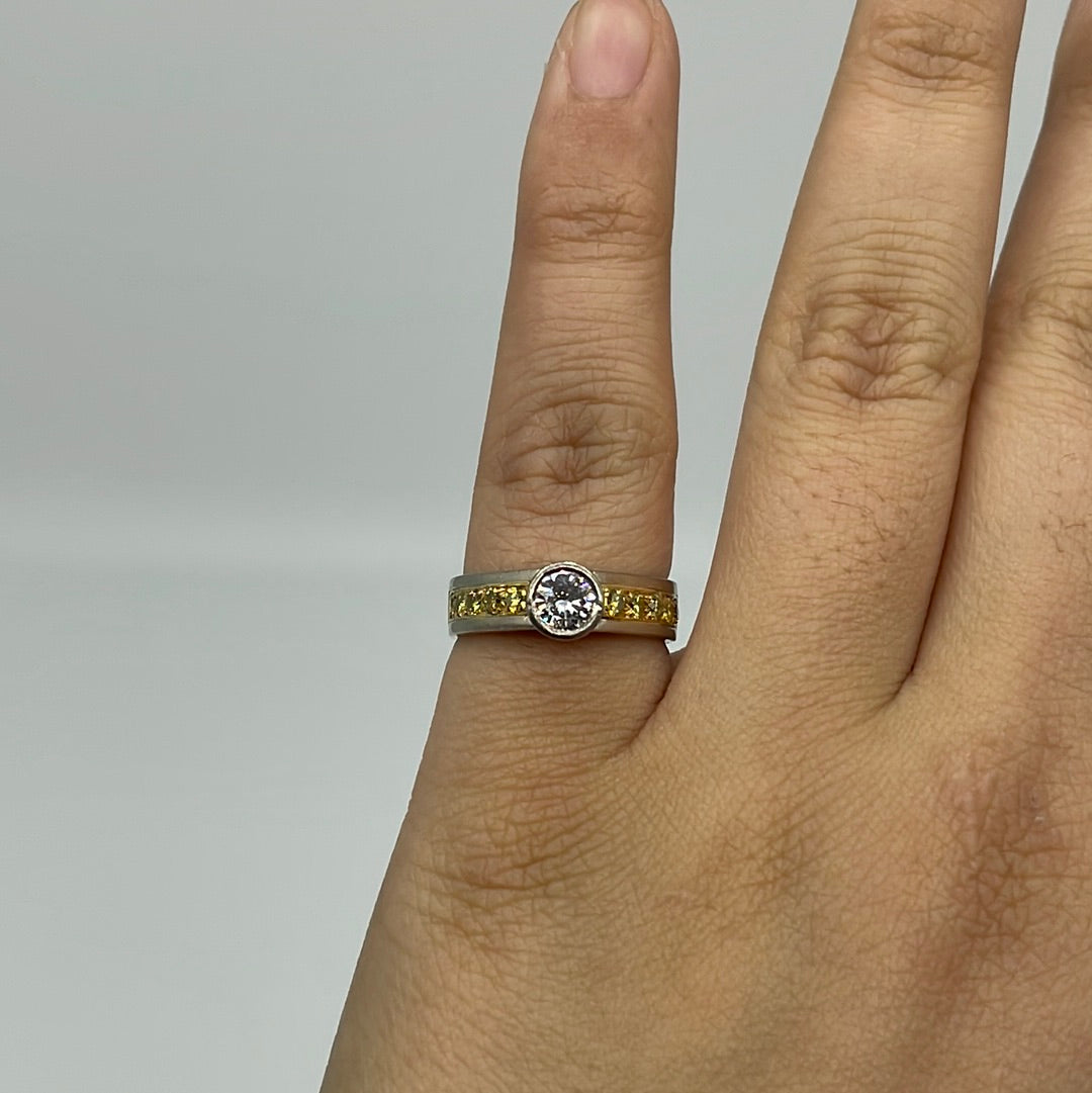 Bezel Set Diamond & Yellow Diamond Accented Engagement Ring | 0.85ctw | SZ 6.5 |
