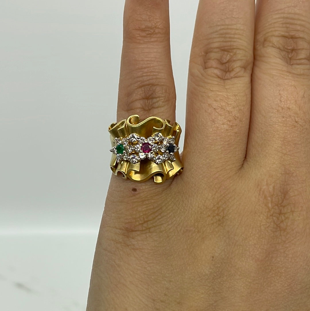Bague cocktail large à plusieurs pierres précieuses | 0,36 ct au total, 0,81 ct au total | Taille 6,75 |