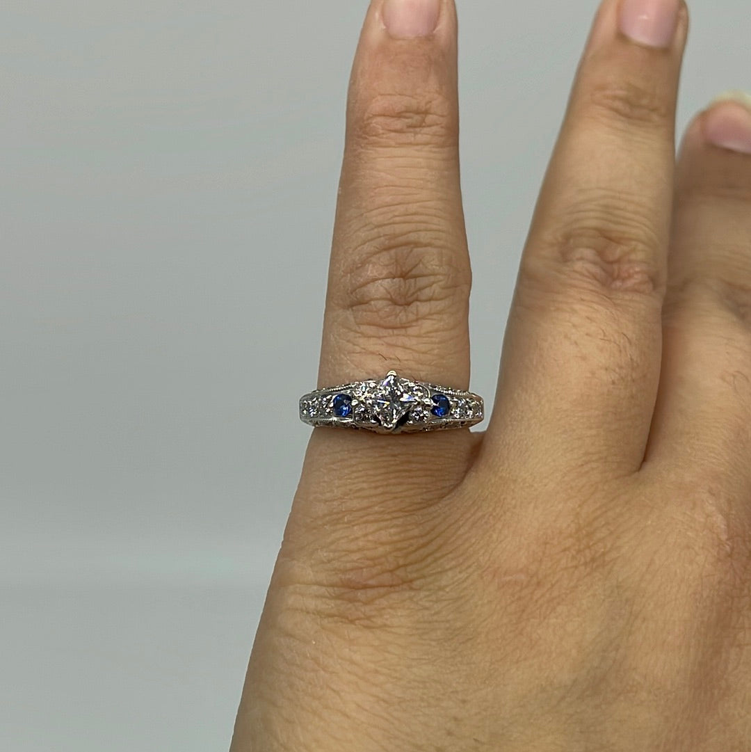Bague de fiançailles princesse en diamant et saphir | 0,12 ct, 1,15 ct | Taille 7 |