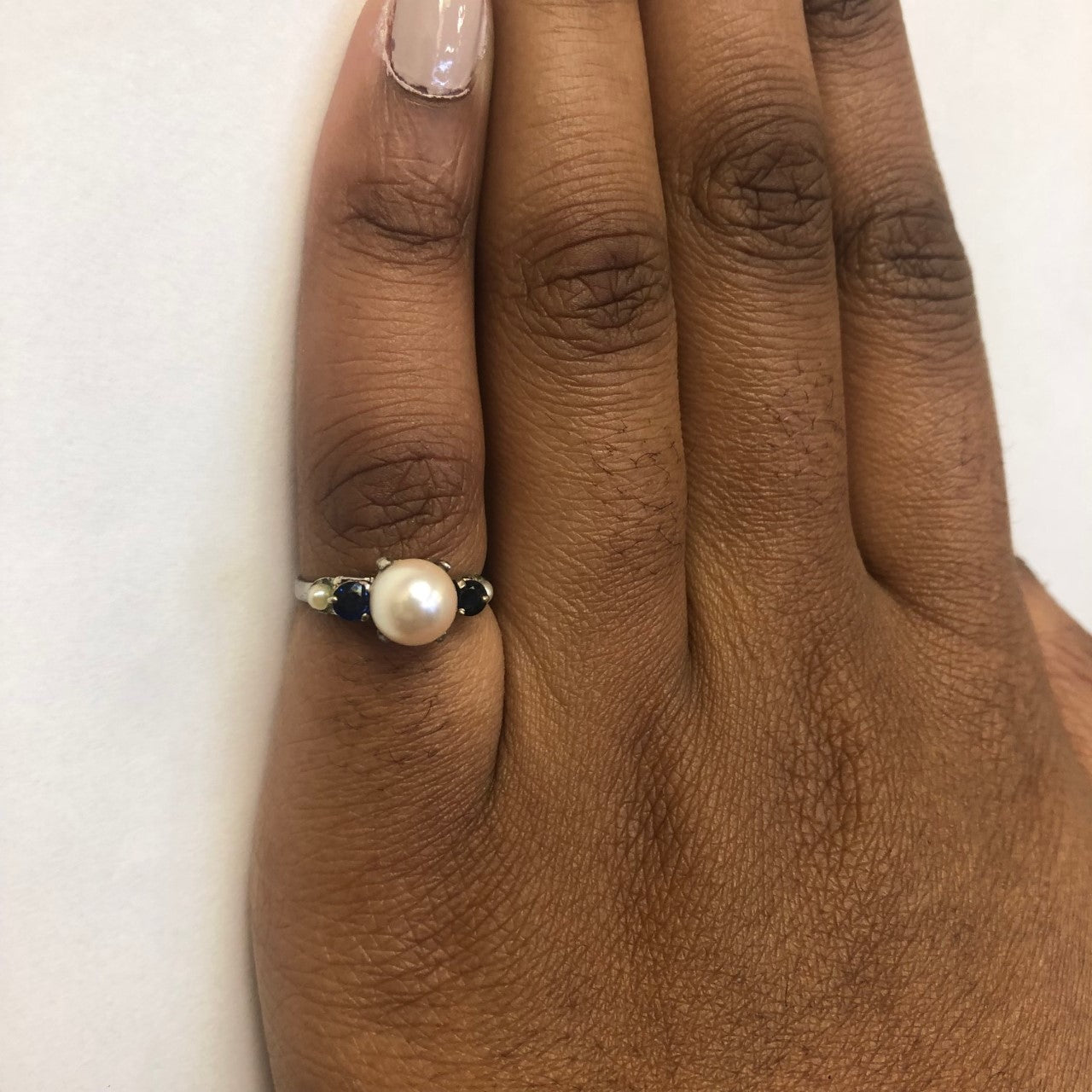 Pearl & Blue Sapphire Cathedral Ring | 7.50ctw | SZ 5 |