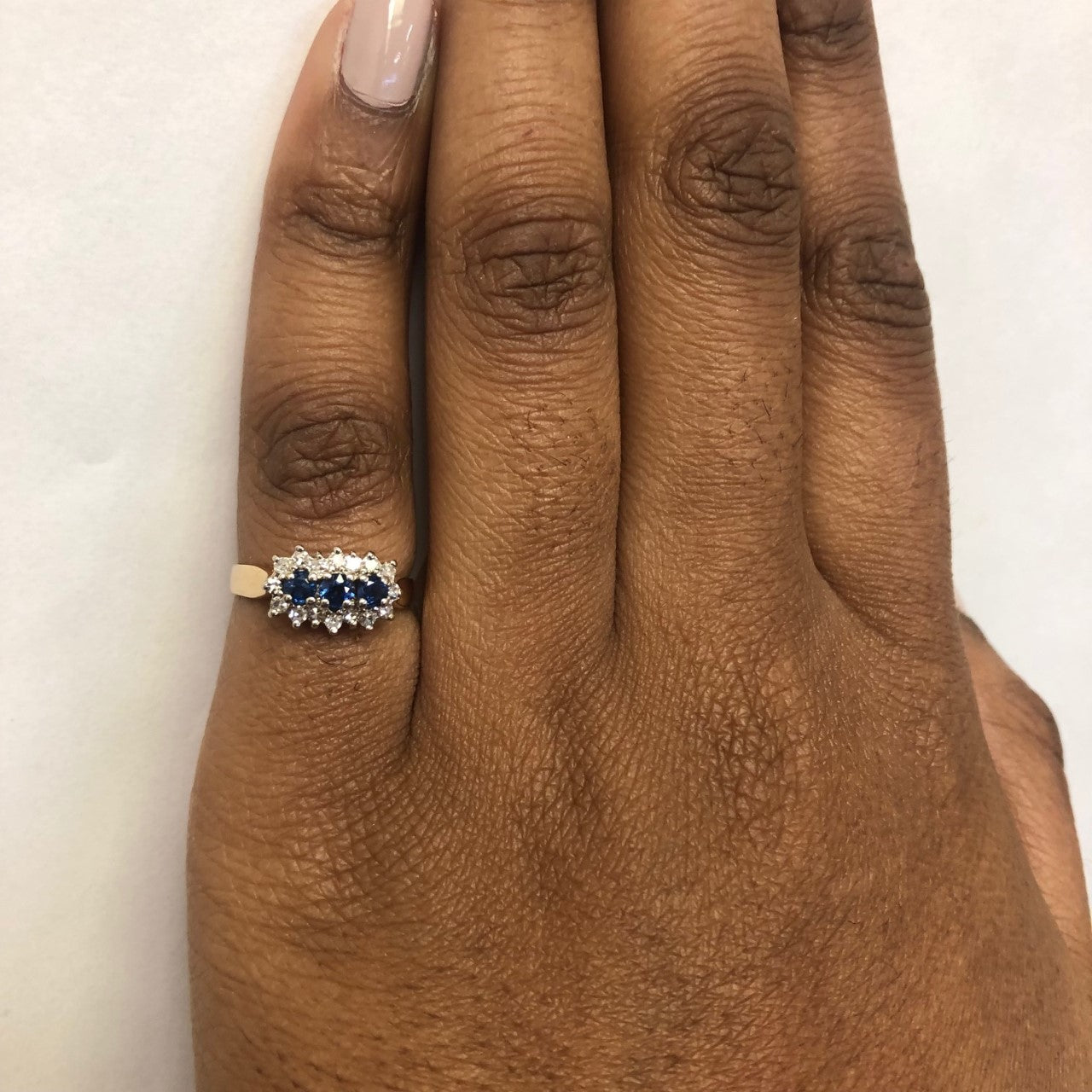 Three Stone Sapphire & Diamond Halo Ring | 0.38ctw, 0.17ctw | SZ 5.75 |