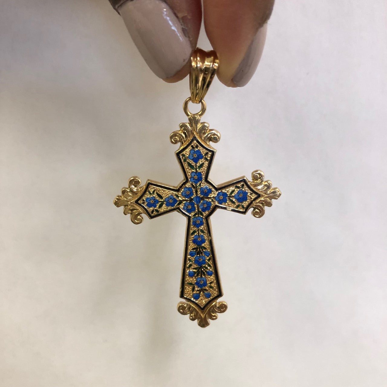 1930s Enamelled Forget Me Not Cross Pendant |