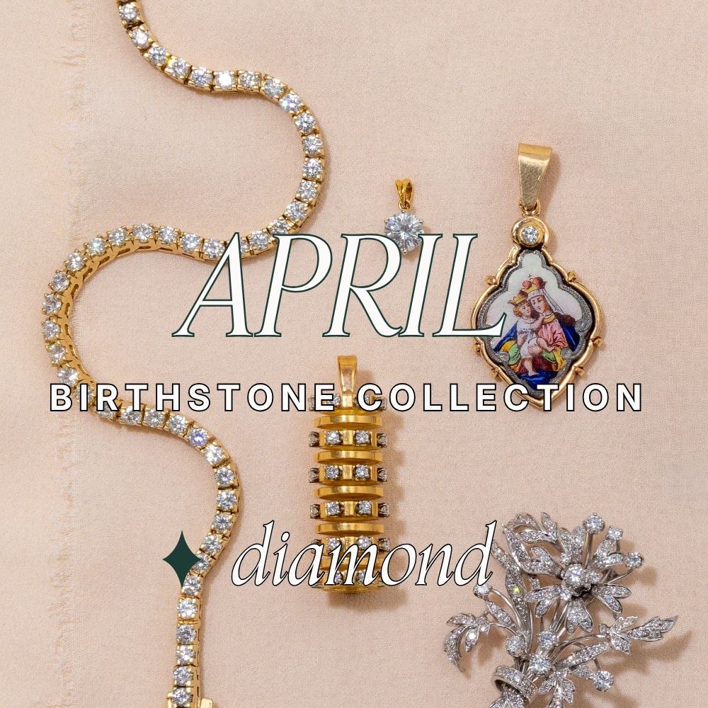 close up image of diamond and yellow gold tennis bracelet on deep green background. text overlay reads: april birthstone collection, diamonds