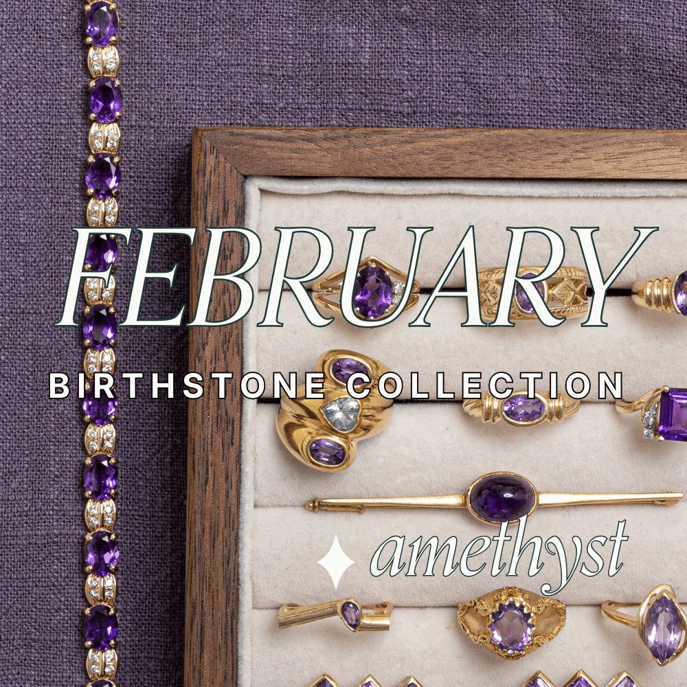 Curated selection of antique gold amethyst jewellery in rich violet tones, styled as a February birthstone collection.
