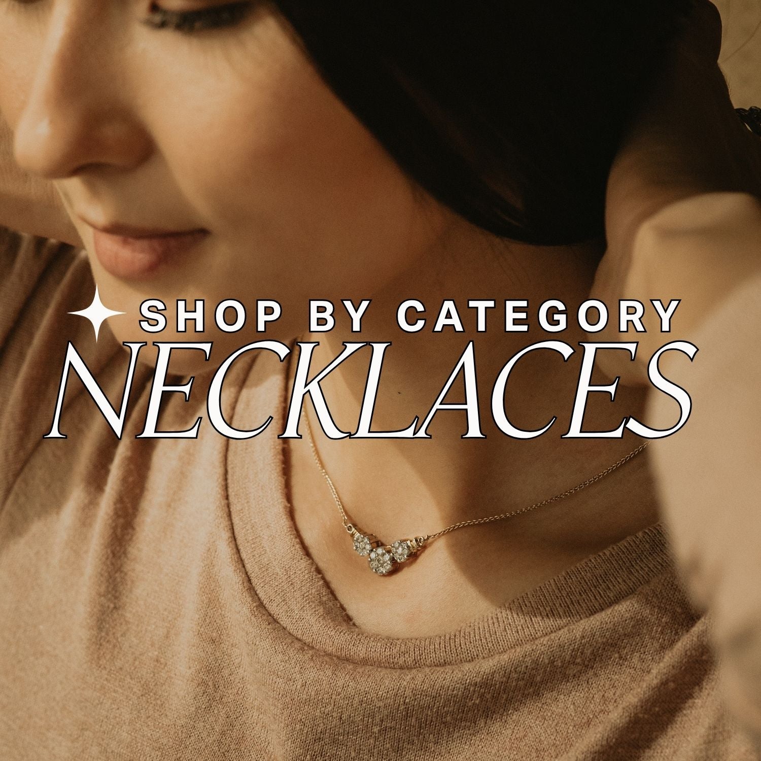 simple diamond Necklace on a woman with 'Shop by Category: Necklaces' text overlay