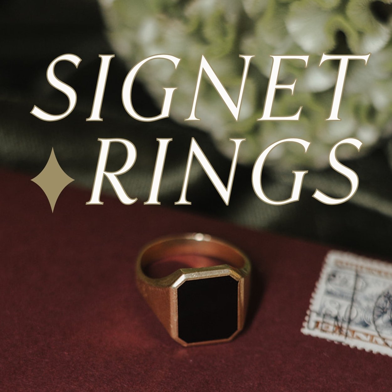 Gold signet ring with an onyx stone on a red envelope background, accompanied by a vintage stamp. Text overlay reads: signet rings