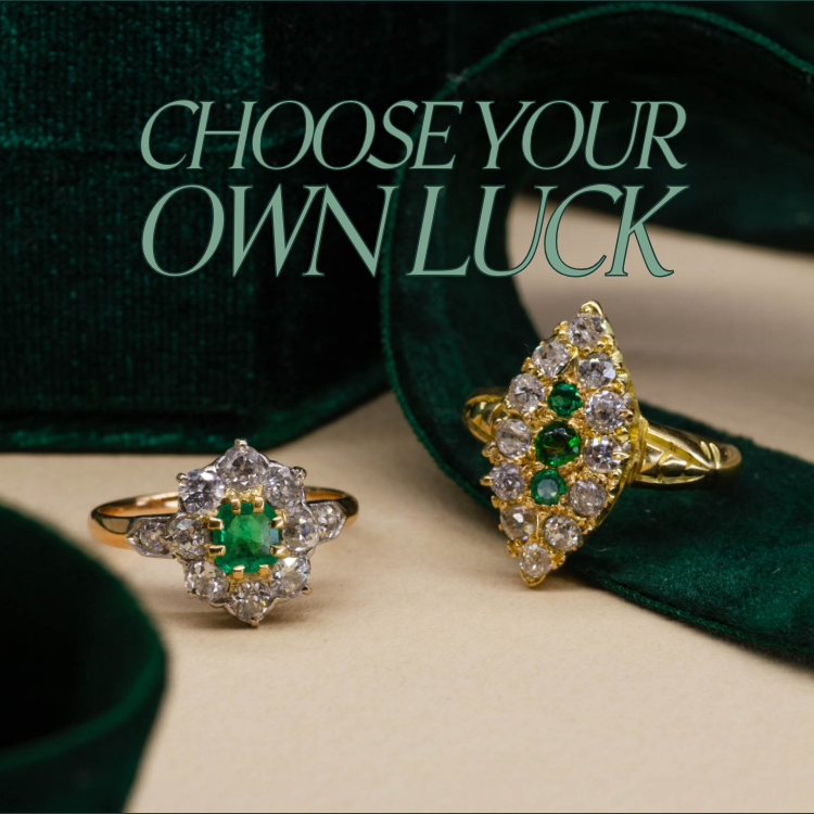 Image of emerald green velvet ribbon styled with vintage, emerald cocktail rings. Text reads: Choose your own luck