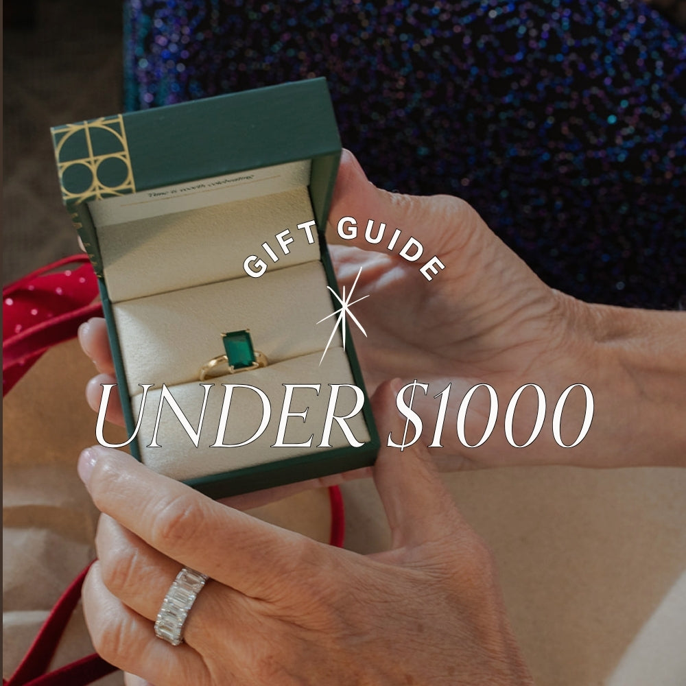 Person holding a small gift box with a ring, surrounded by festive decorations. Text over reads gifts by price, under $1000
