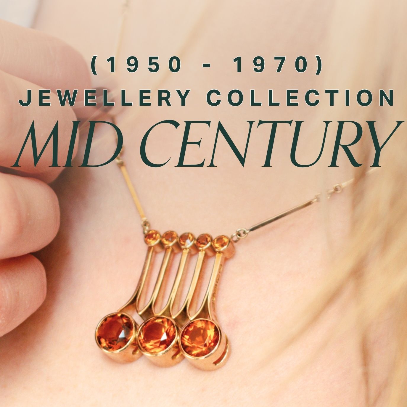 image of mid century era citrine pendant with text overlay 