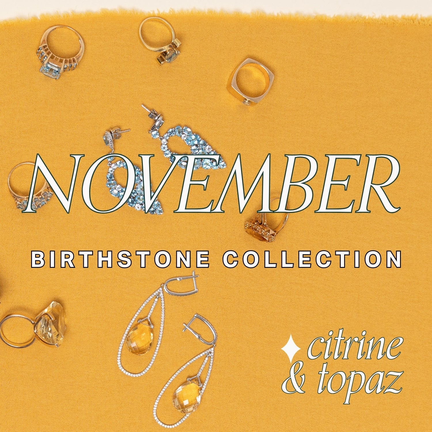 Earrings with topaz and citrine gemstones on a mustard yellow fabric background, featuring text overlay: November Birthstone Collection, citrine & topaz