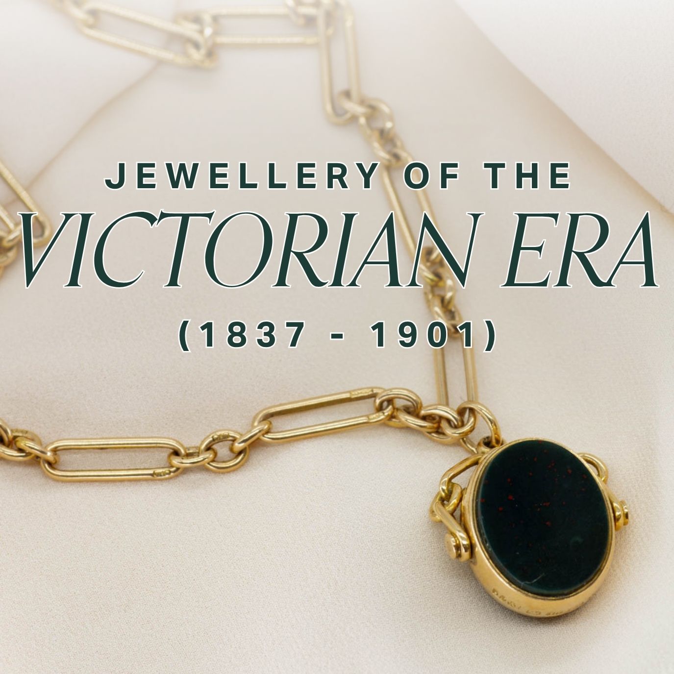 image of swivel fob on watch chain with title text overlay jewellery of the victorian era 