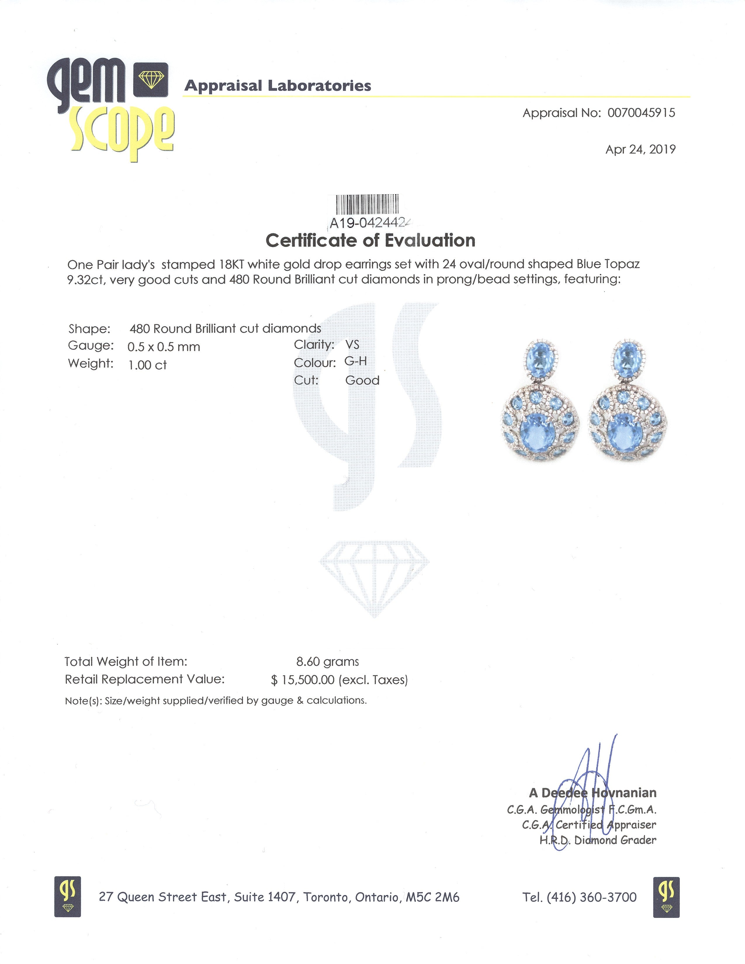 Boucles d'oreilles en or blanc 18 carats, topaze bleue et diamants | 9,32 ct au total, 1,00 ct au total 