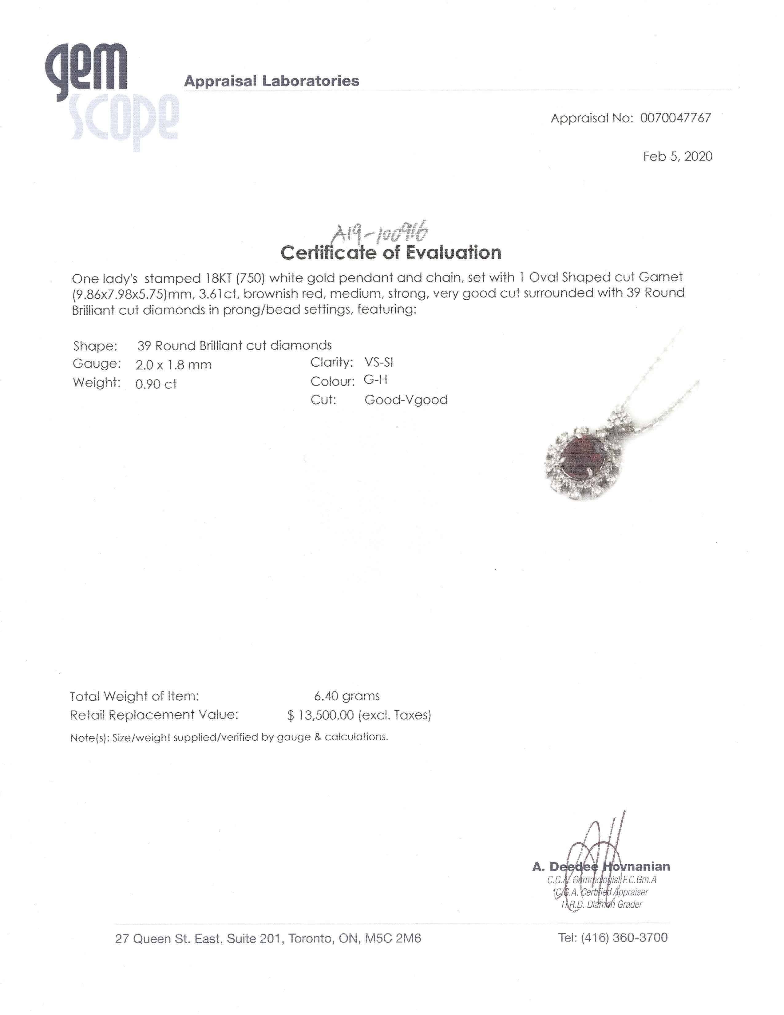 Collier en or blanc 18 carats, grenat et diamants | 3,61 ct, 0,90 ct au total | 45,7 cm (18 po)