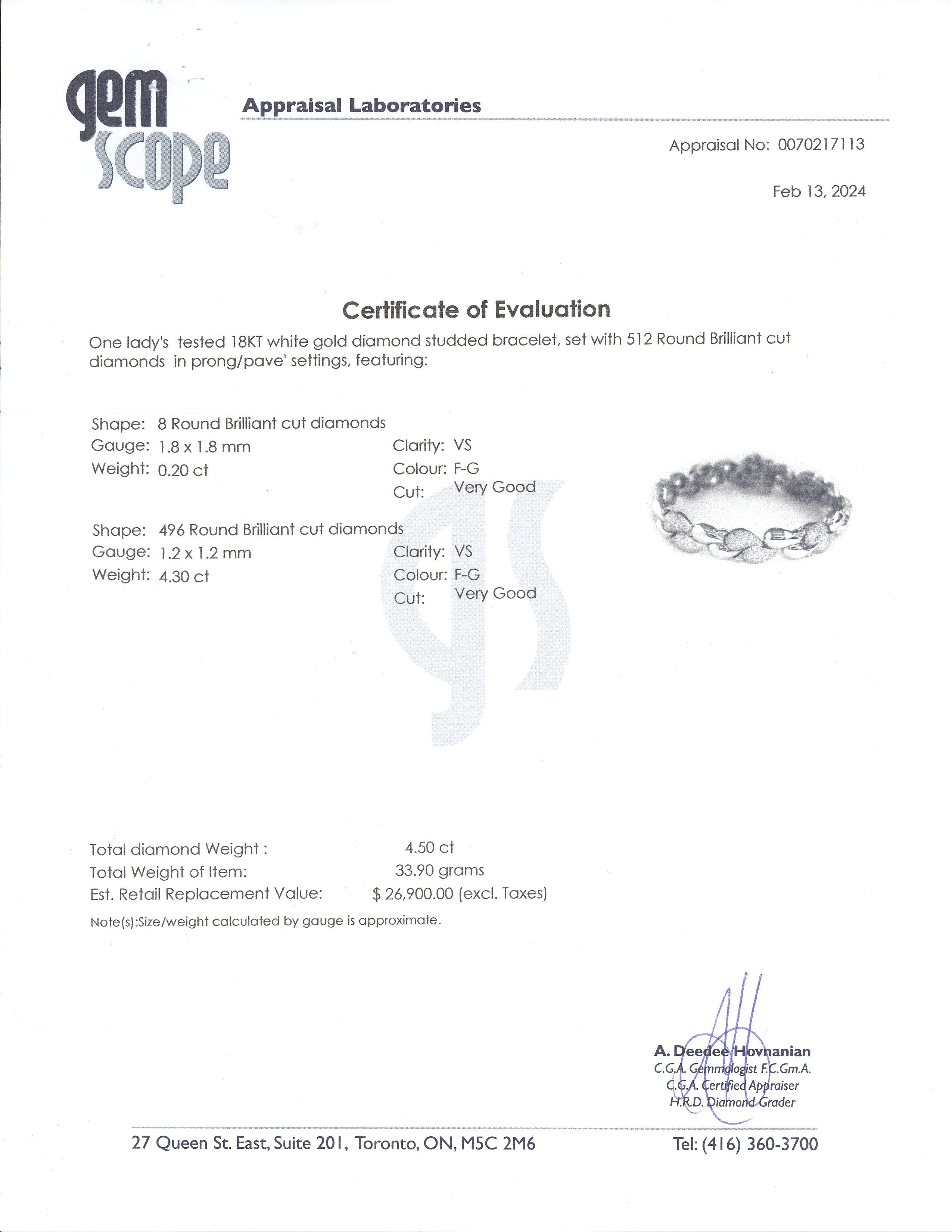 18K White Gold  Diamond Bracelet | 4.50ctw | 7.5"