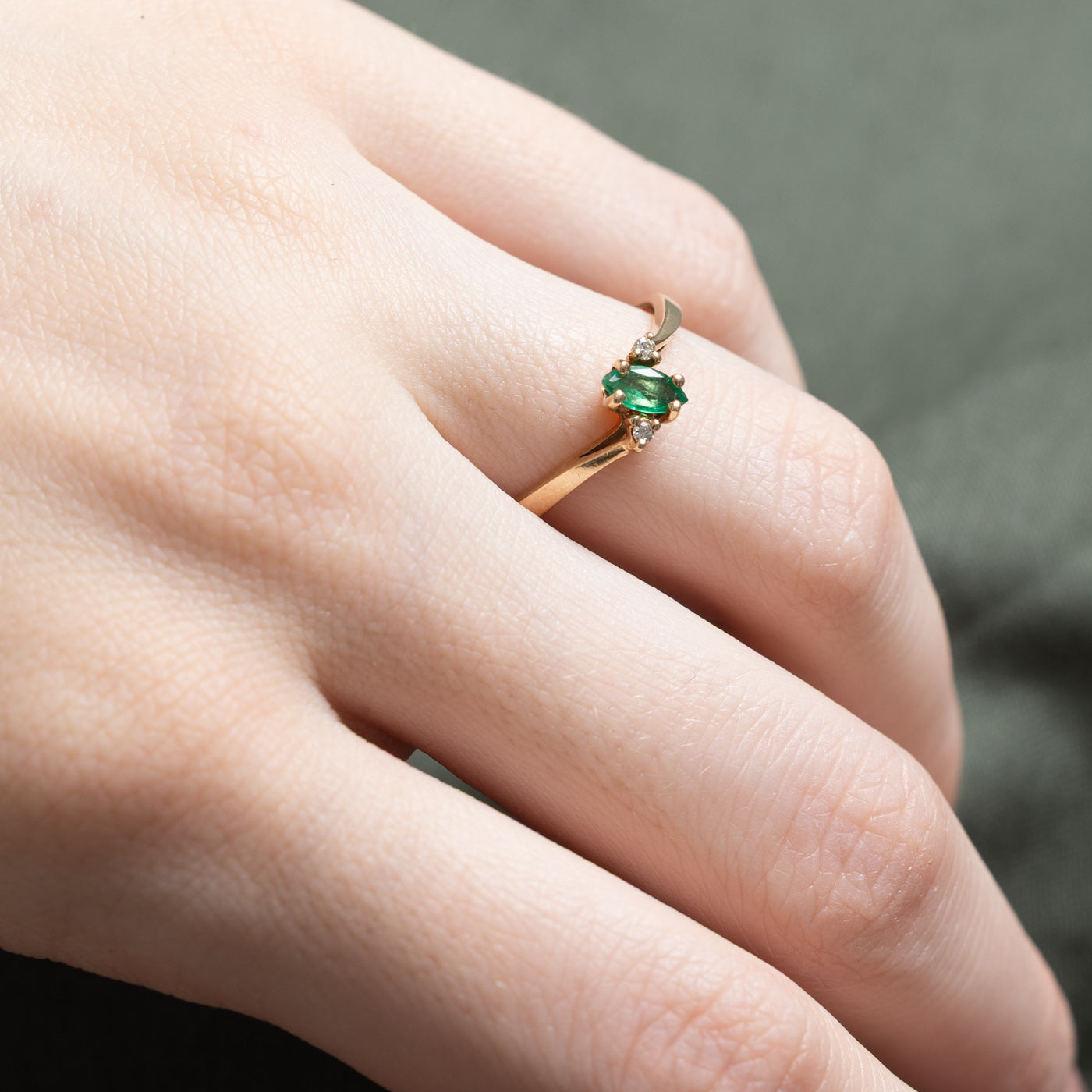 Marquise Cut Emerald & Diamond Bypass Ring | 0.15ct, 0.02ctw | SZ 6