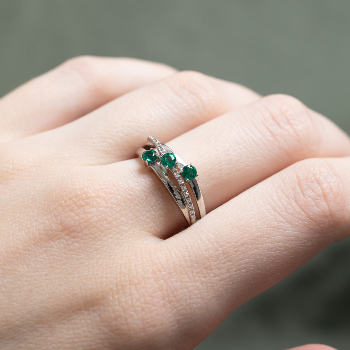 Synthetic Emerald & Diamond Crossover Ring | 0.30ctw, 0.04ctw | SZ 7.25