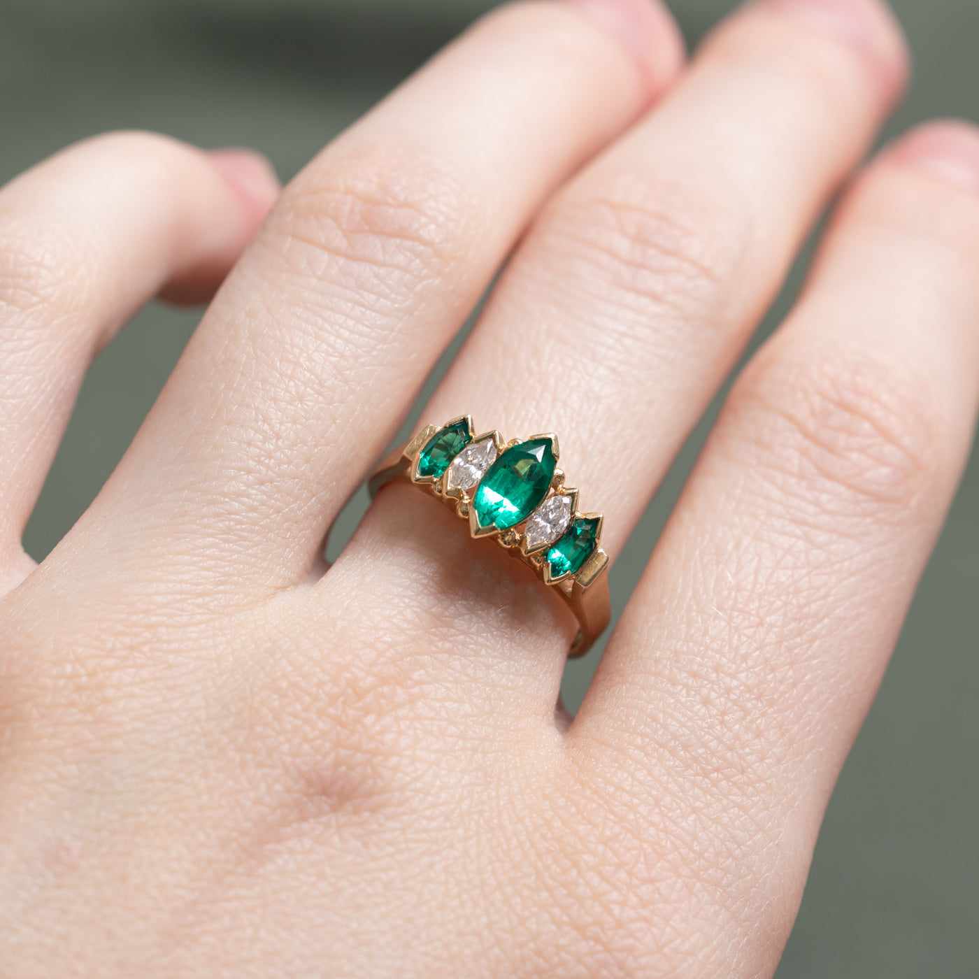 Five Stone Synthetic Emerald & Diamond Ring | 0.64ctw, 0.24ctw | SZ 7.25