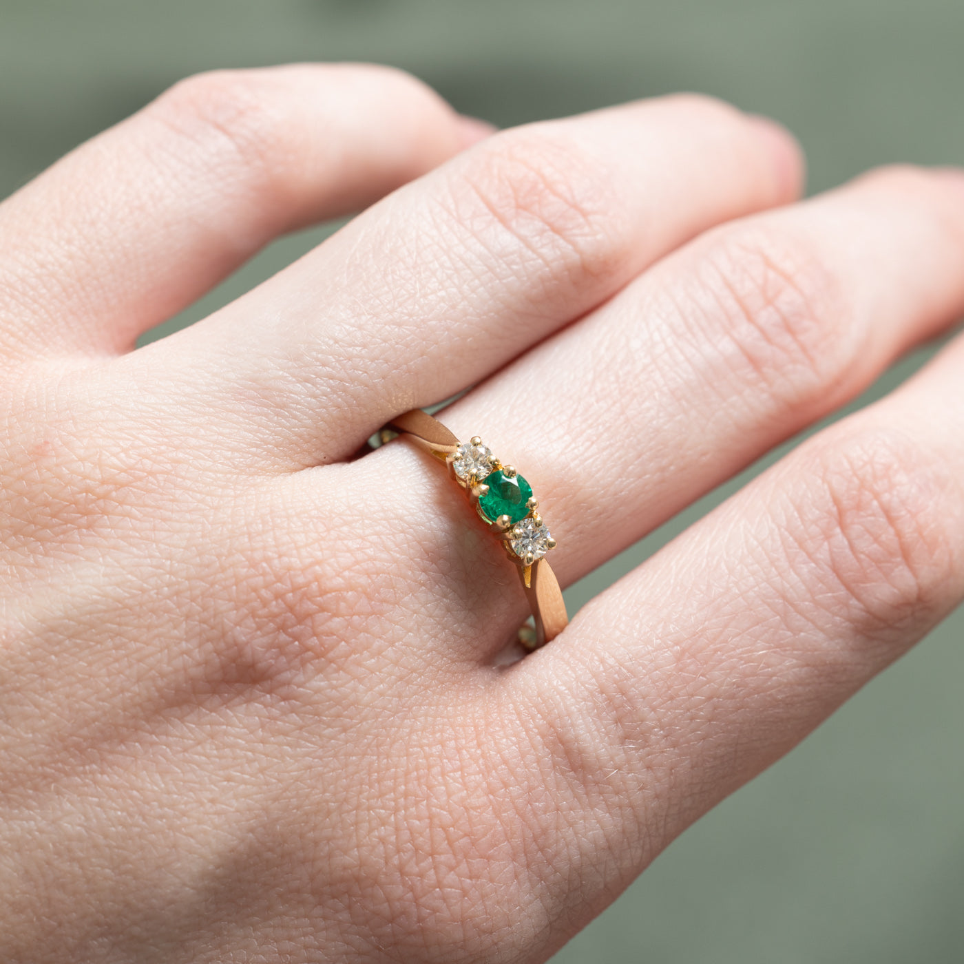 Three Stone Synthetic Emerald & Diamond Ring | 0.17ct, 0.20ctw | SZ 10.75