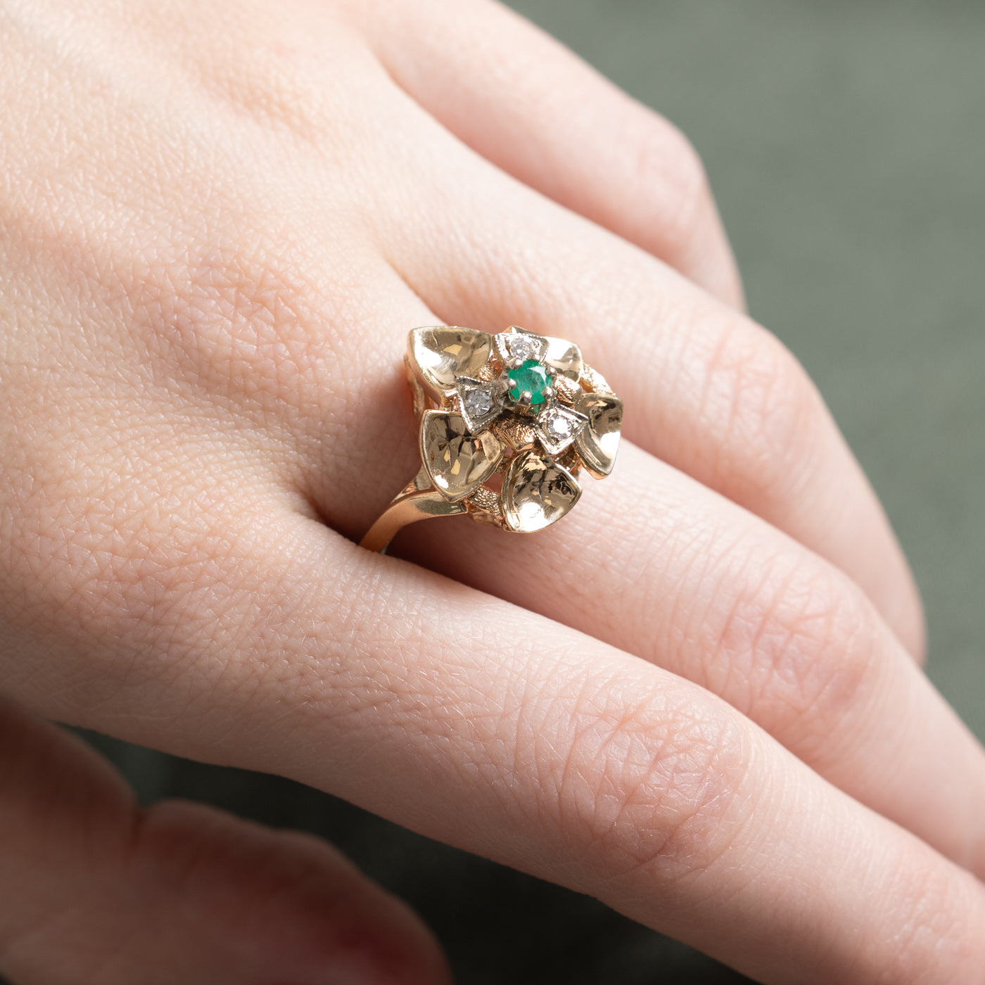 Emerald & Diamond Cocktail Ring | 0.11ct, 0.05ctw | SZ 8.75