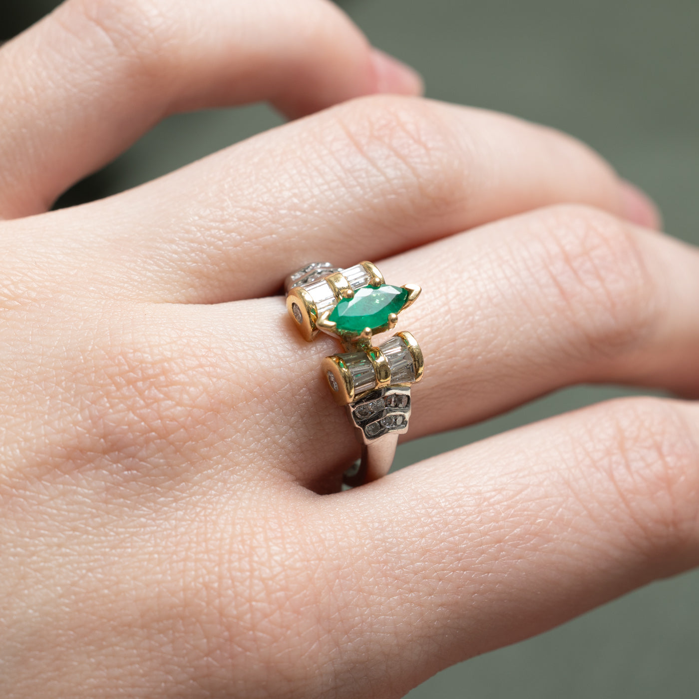 Two Tone Emerald & Diamond High Set Ring | 0.60ct, 0.78ctw | SZ 7.25