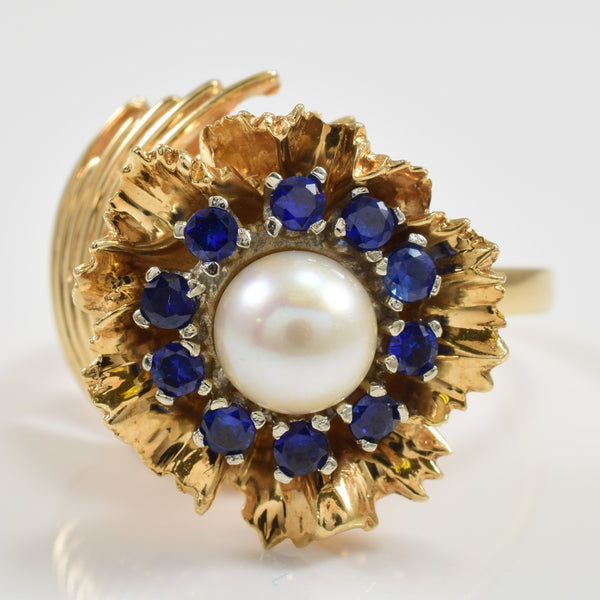 Cultured Pearl & Synthetic Sapphire Cocktail Ring | 2.50ctw | SZ 7.75 |