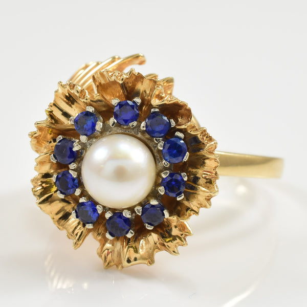 Cultured Pearl & Synthetic Sapphire Cocktail Ring | 2.50ctw | SZ 7.75 |